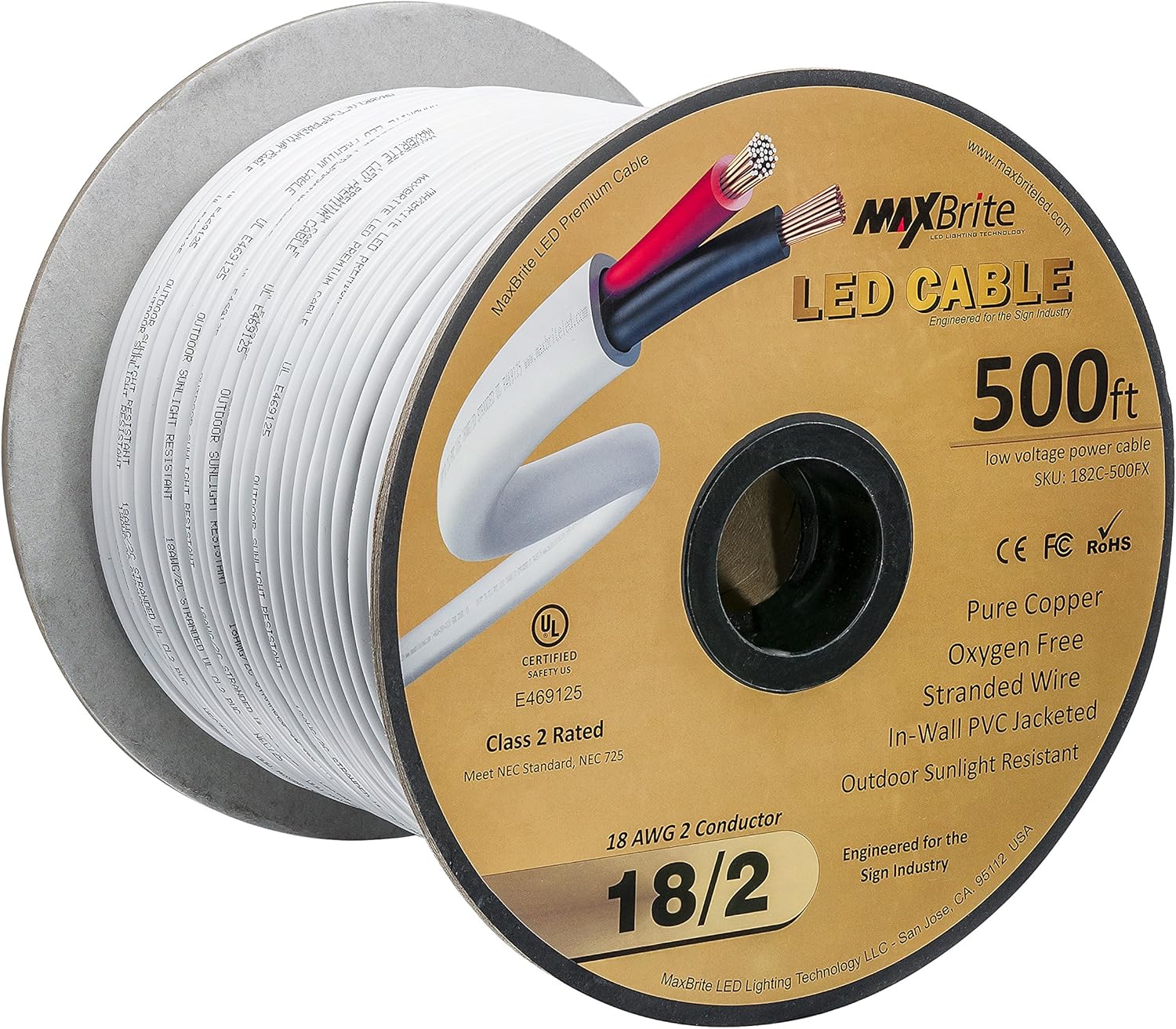 18AWG 500 Feet Low Voltage LED Cable, 2 Conductor, Outdoor Rated, Jacketed in-Wall Speaker Wire UL/cUL Class 2, Sunlight Resistant