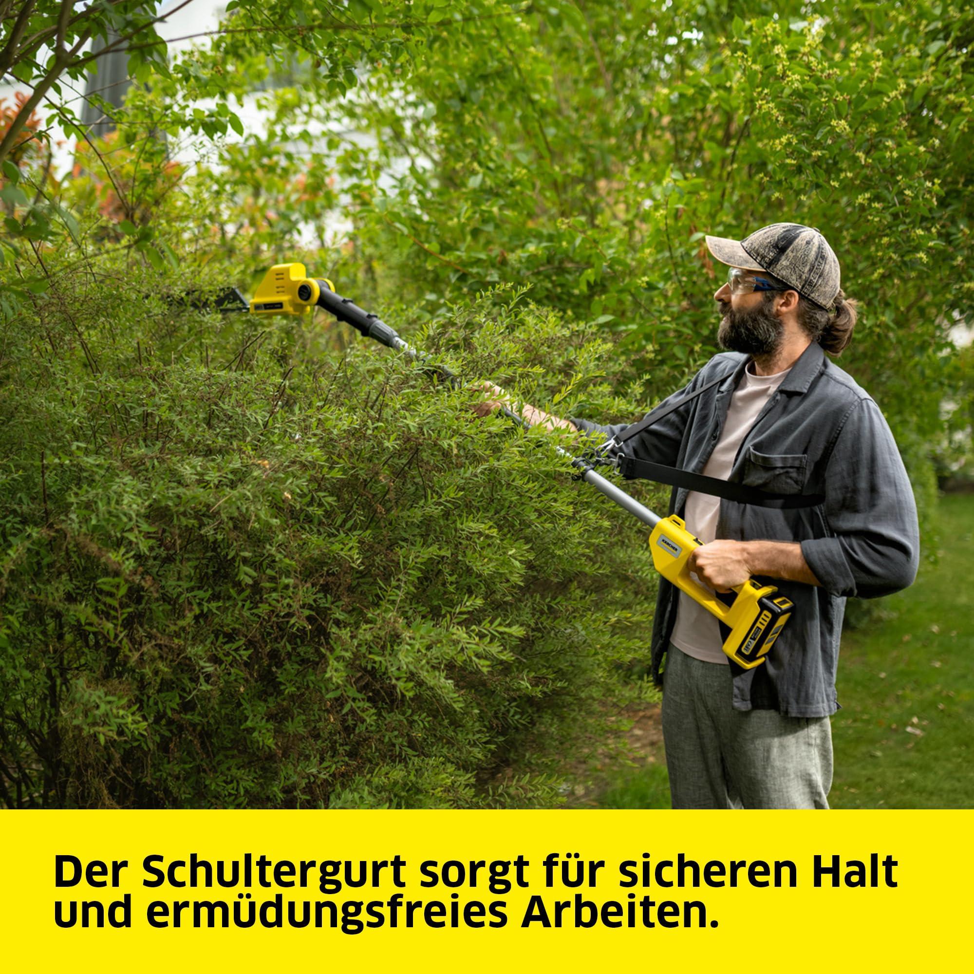 Kärcher Akku‑Teleskop‑Heckenschere PHG 2-18, hohe Hecken bis zu 2,80 m, Schnittlänge: 45 cm, Schultergurt, Gewicht: 2,7 kg, verwendbar mit dem Kärcher 18-V-Akku, ohne Akku und Ladegerät