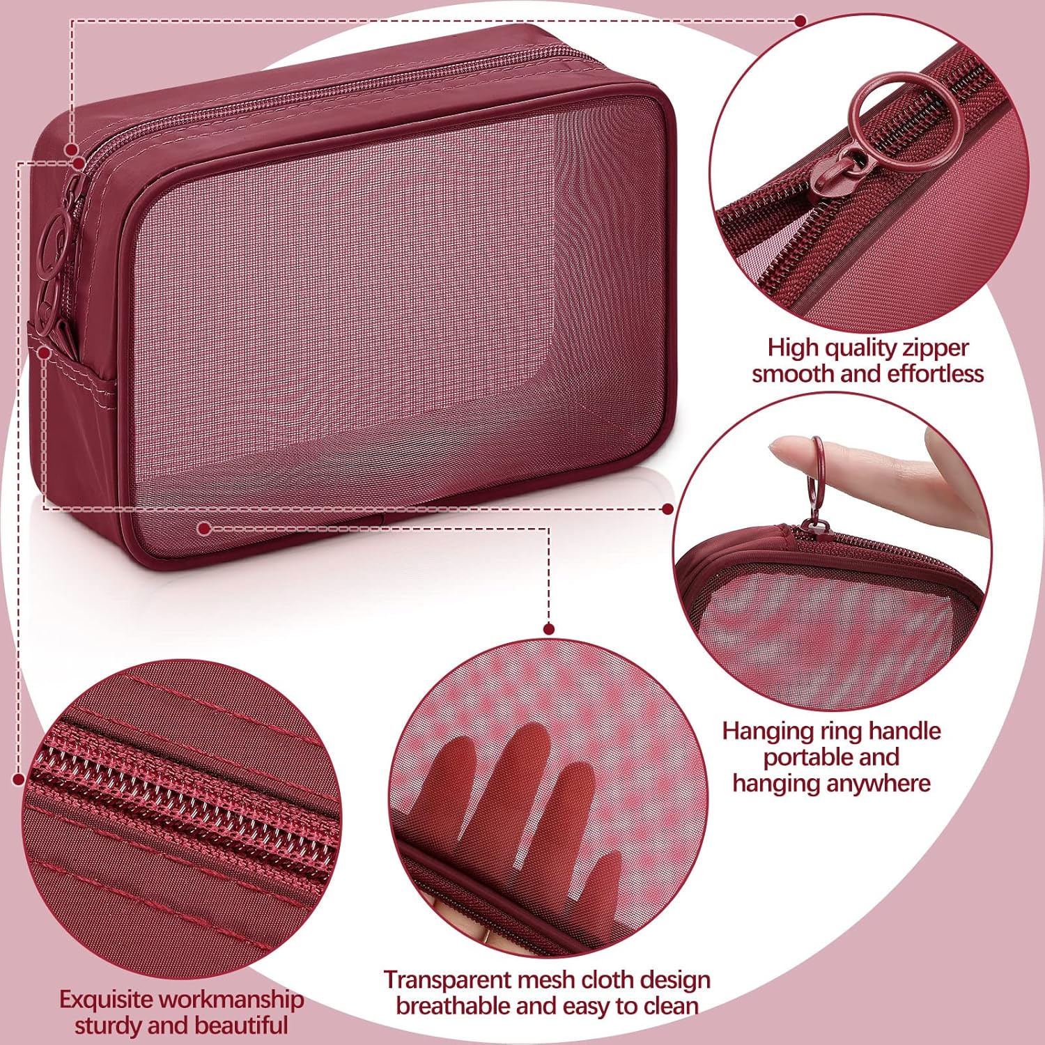 Weewooday 4 Pcs Mesh Makeup Bag Mesh Cosmetic Bag Travel Toiletry Pouch with Zipper Mini Makeup Cosmetic Purse for Daily Accessory(Small, Large, Medium,Wine Red) - Image 3