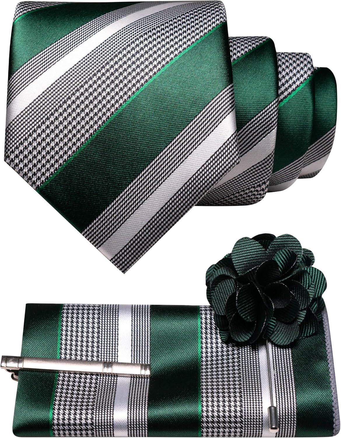 JEMYGINS Mens Striped Tie and Lapel Pin Necktie Pocket Square and Tie Clip Sets for Business Casual 4PCS