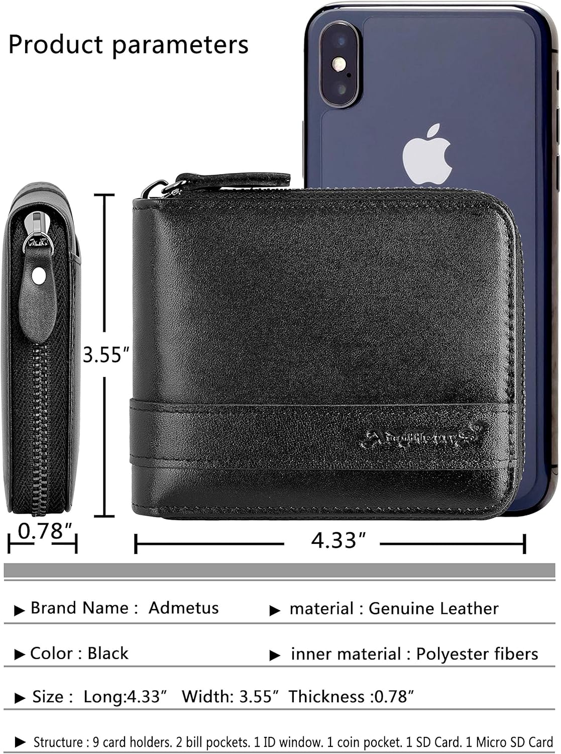 Admetus Men's Genuine Leather Short Zip-around Bifold Wallet - Image 5