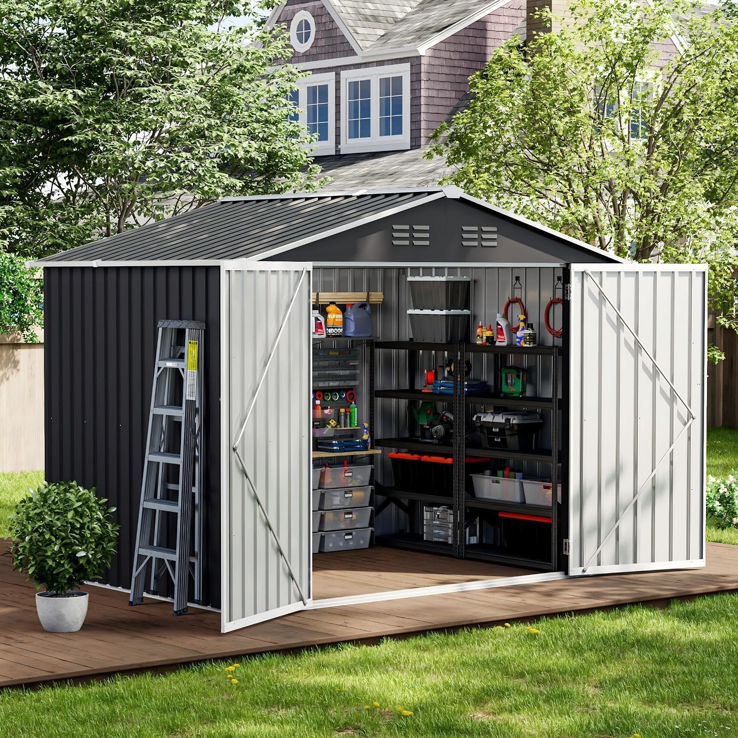 UDPATIO dark grey 8x6 lockable metal garden shed with hinged doors
