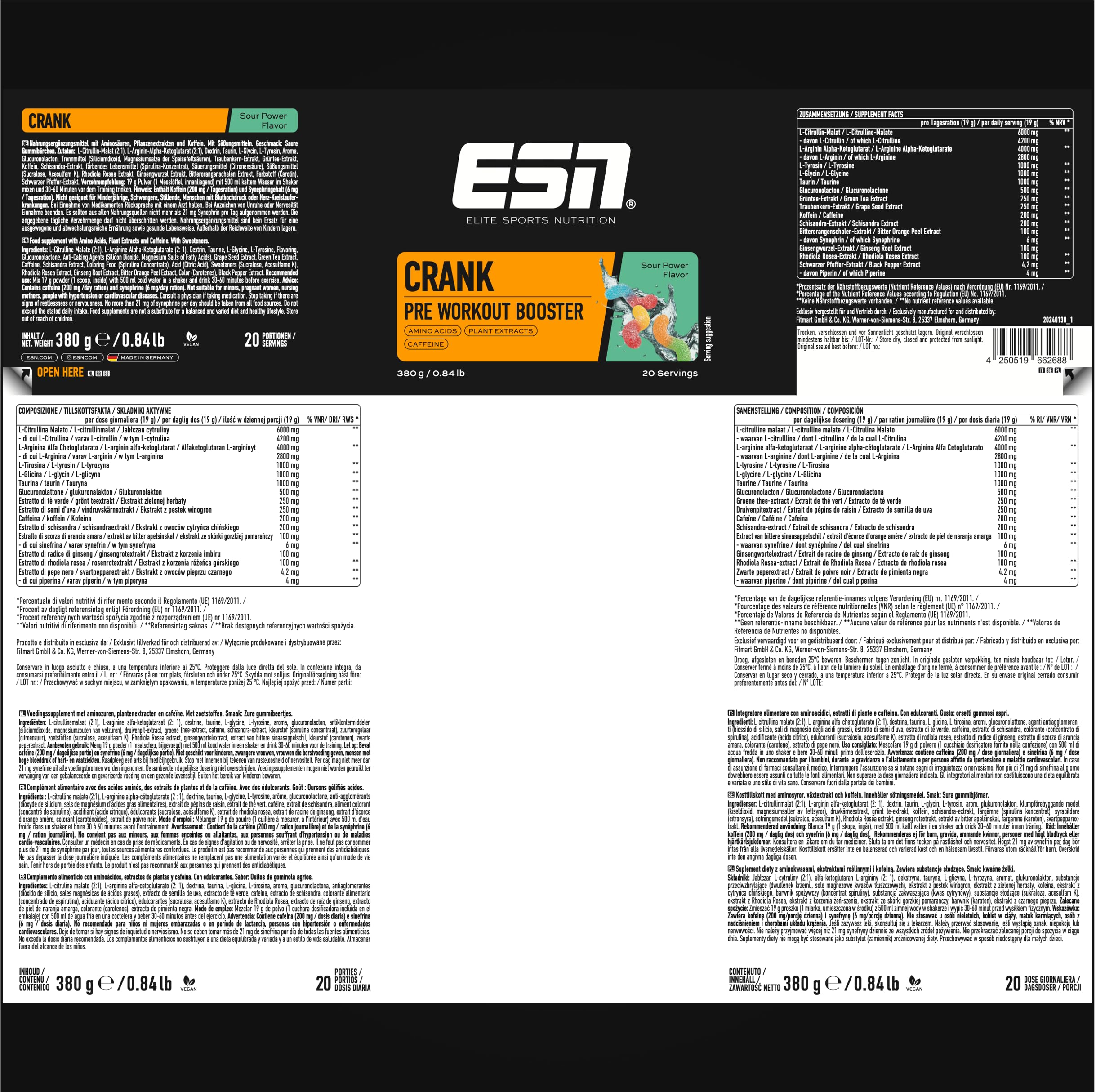 ESN Crank, Sour Power, 380 g, Booster pre-allenamento, vegano - Made in Germany