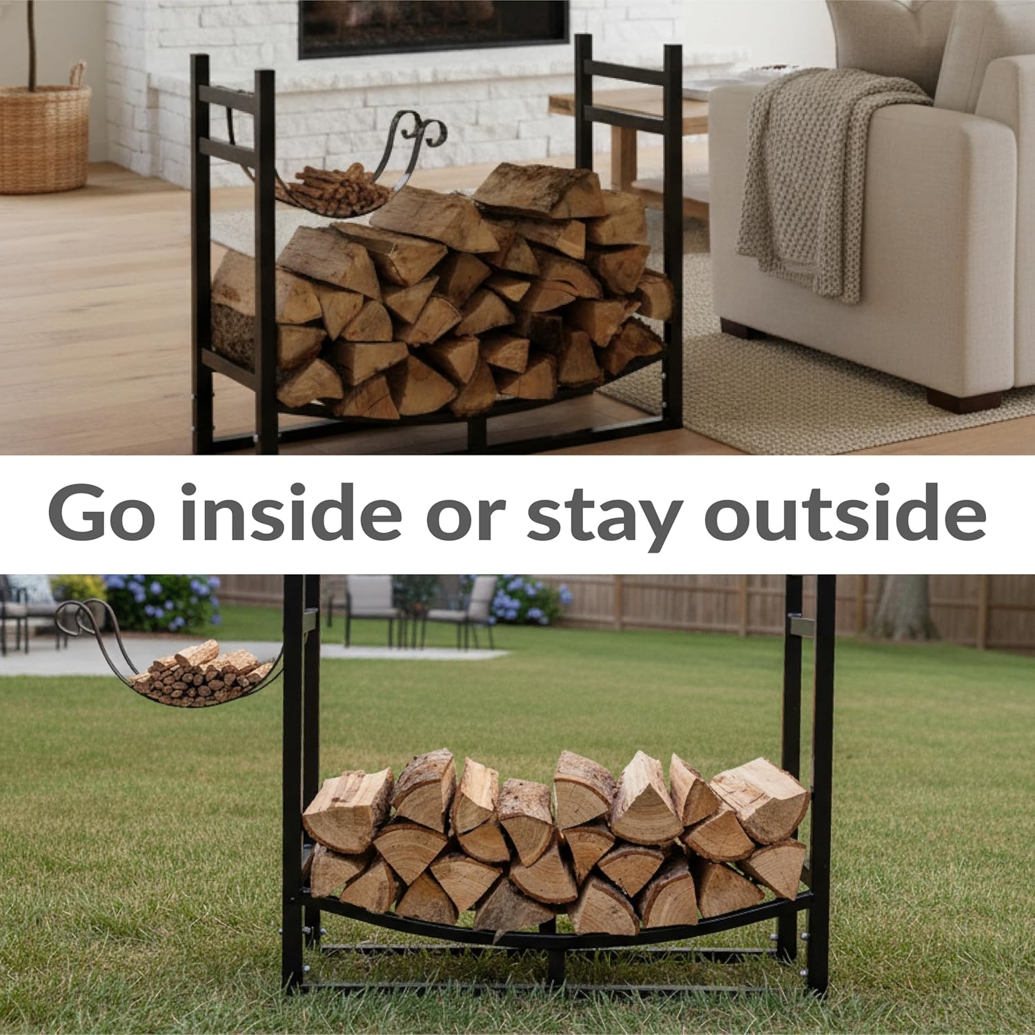 Sunnydaze 33" Indoor Firewood Rack with Kindling Log Holder - Heavy-Duty Outdoor Wood Storage for the Fire Pit or Fireplace - Bronze