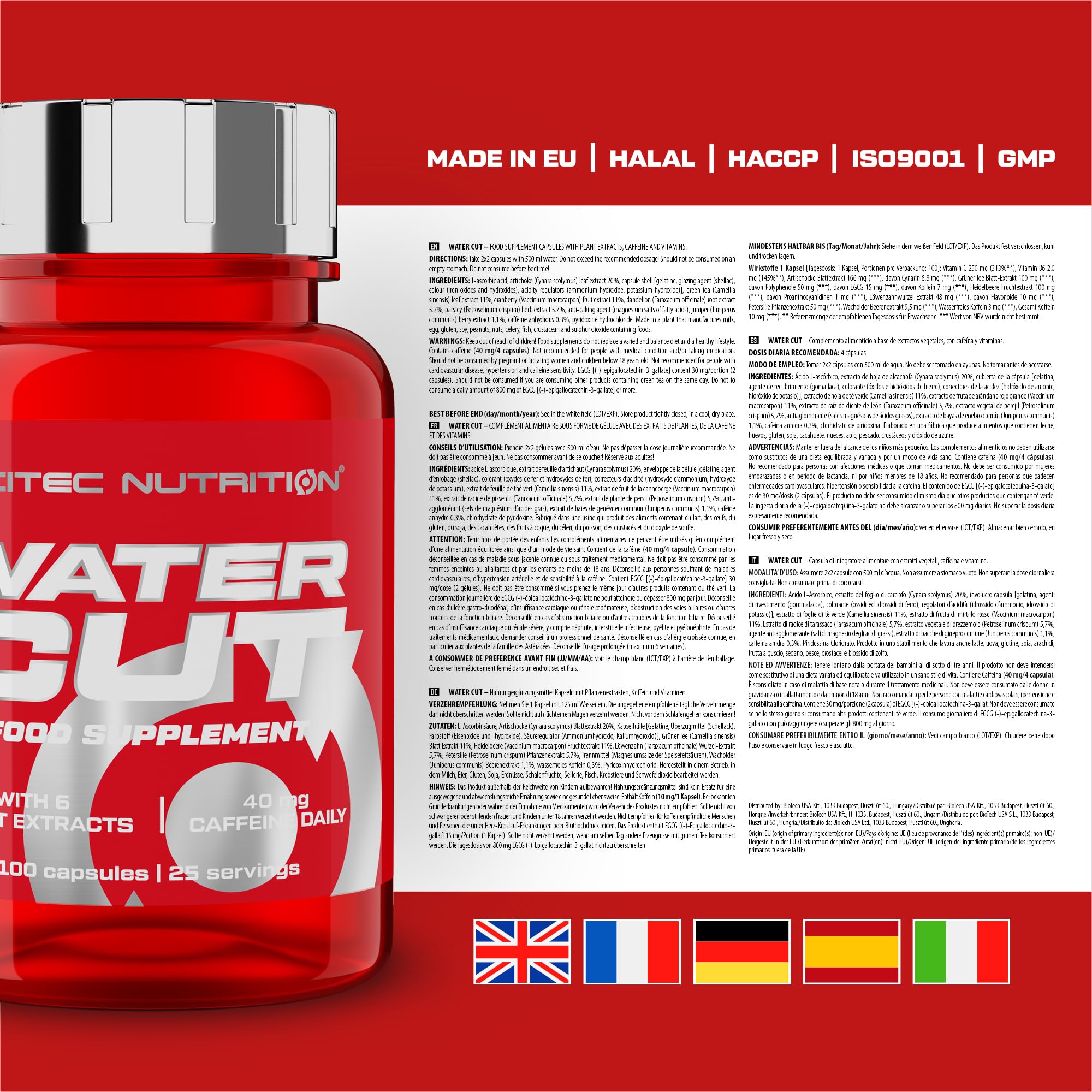 Scitec Nutrition Water Cut, Rinforzo energetico con vitamina C e B6, Estratto di tè verde, Riduzione della stanchezza e supporto del sistema immunitario, Integratore diuretico naturale, 100 Capsule