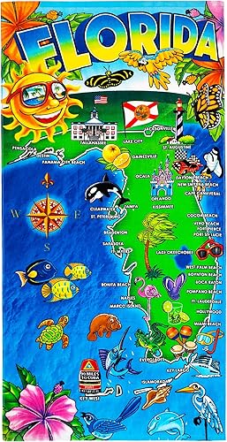 Florida Map - Toalla de playa de 30 x 60 pulgadas, 100% algodón, Sunshine State (una toalla)