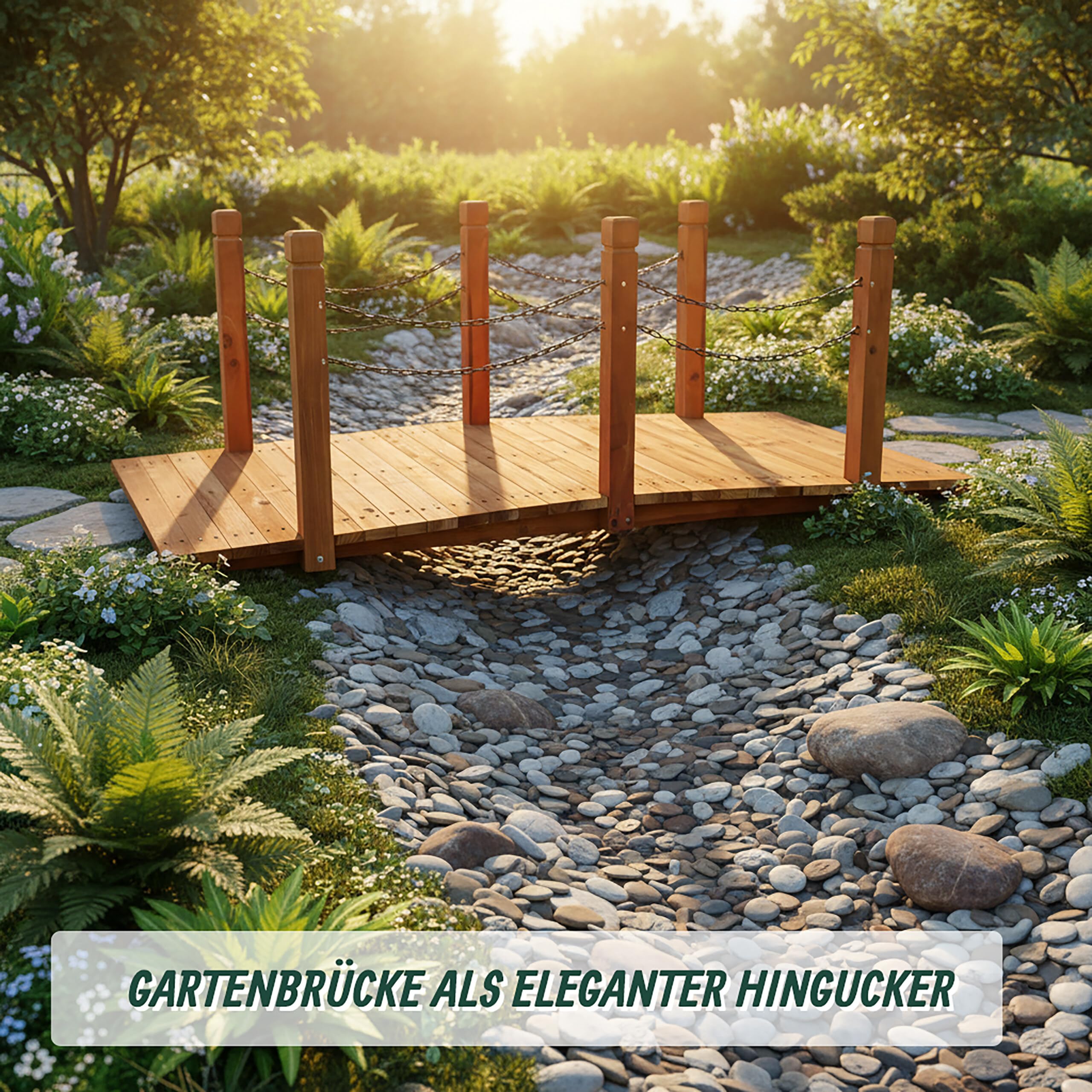 Relaxdays Garten Brücke, Pfosten mit Ketten, Tannenholz, für Gartenteich, HxBxT: 55 x 150 x 67 cm, Holzbrücke, orange
