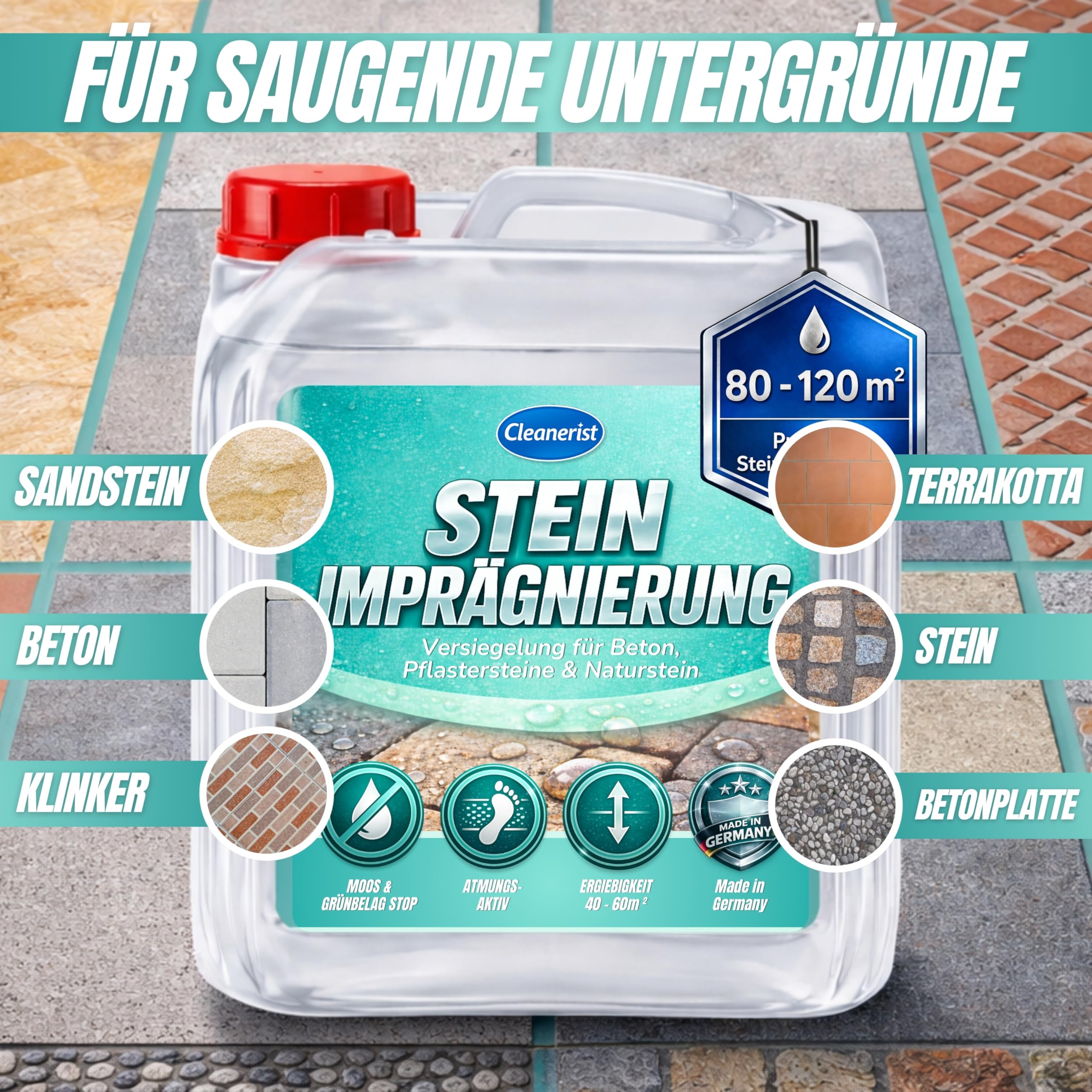 Cleanerist | 5L Steinimprägnierung Versiegelung für Pflastersteine Beton & Naturstein – Wasserabweisender Schutz gegen Moos Grünbelag Atmungsaktiver Abperleffekt Terrassen Fassaden Profi Qualität