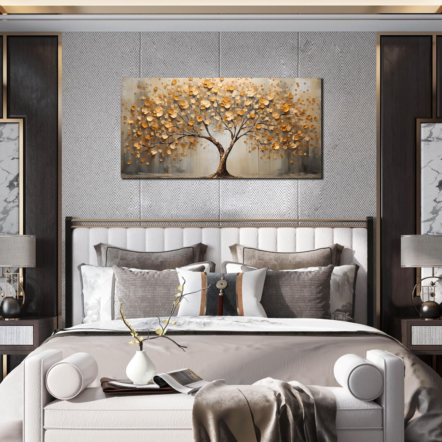 Tree Art Pictures for Wall in Living Room - Gold Yellow Canvas Wall Art for Bedroom - Abstract Art Wall Decor for Office Size 20" x 40"