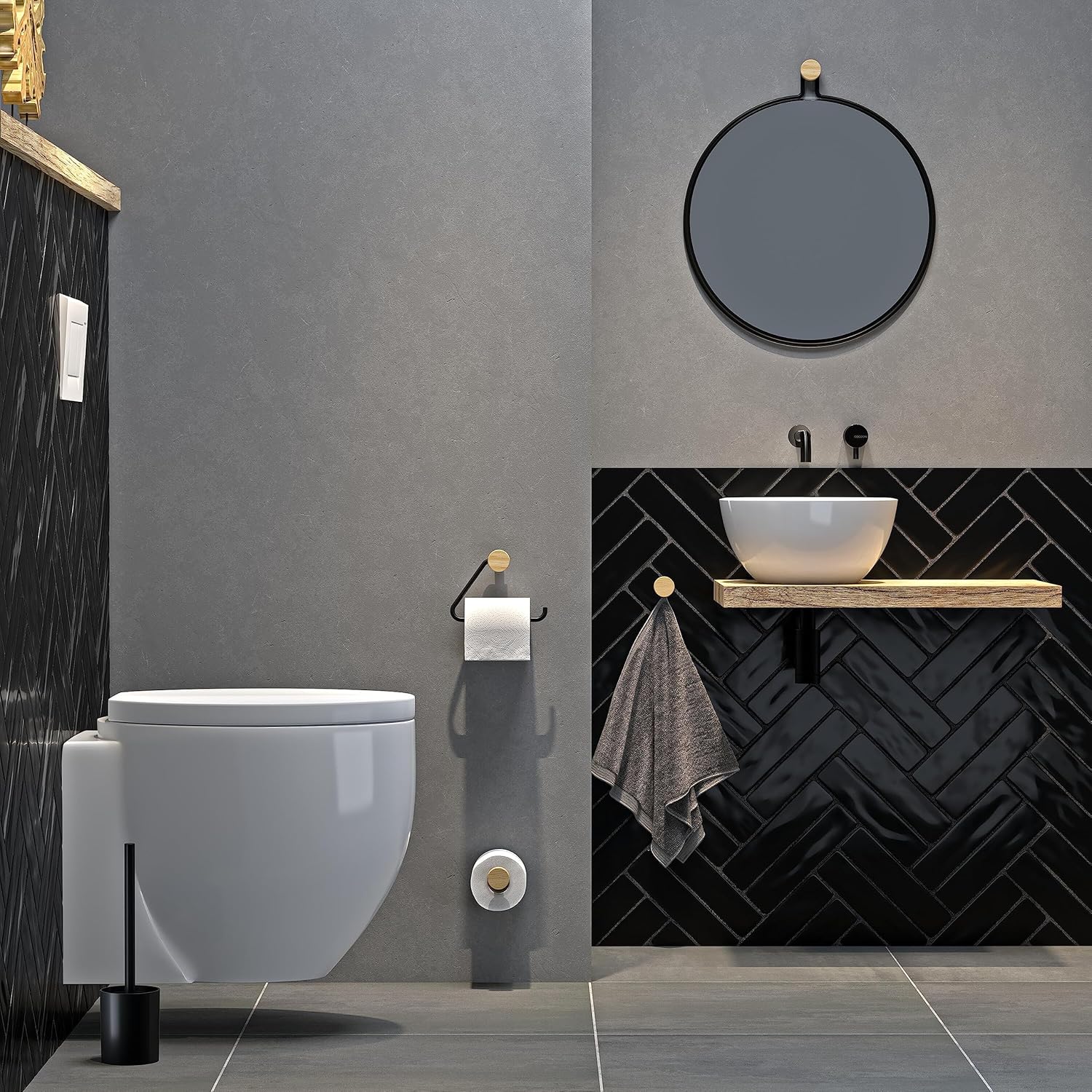 Tiger Sem Spare Roll Holder, Toilet Roll Holder for Storing One Spare Roll Toilet Paper, Wall Mounted, Combination of Stainless Steel and Wood, Colour: Black/Oak