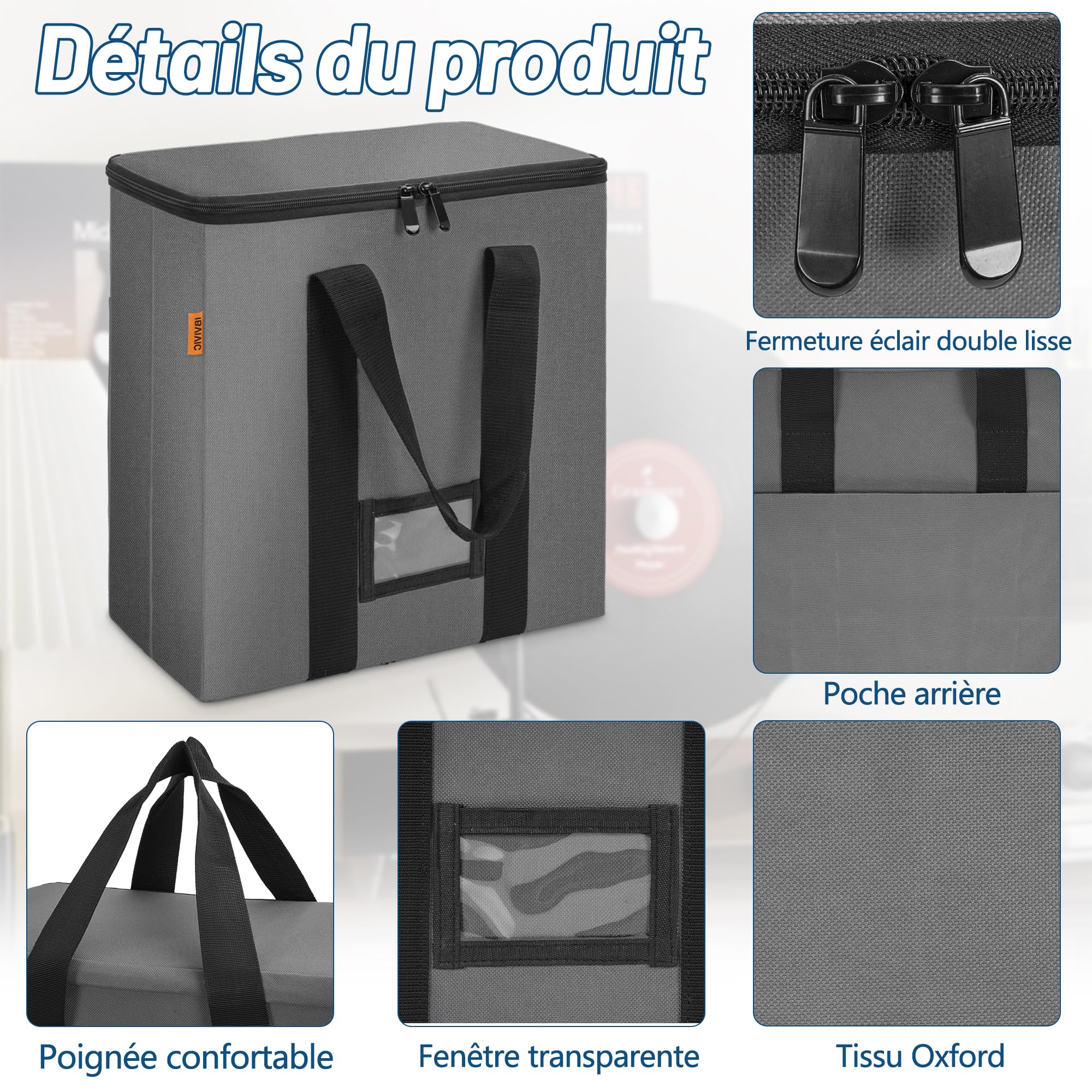 OUUTMEE - Bolsa de transporte para discos de vinilo con cremallera, capacidad hasta 50 solteros, funda de almacenamiento impermeable plegable para álbumes, CD, documentos, gris, S Talla, Bolsa de