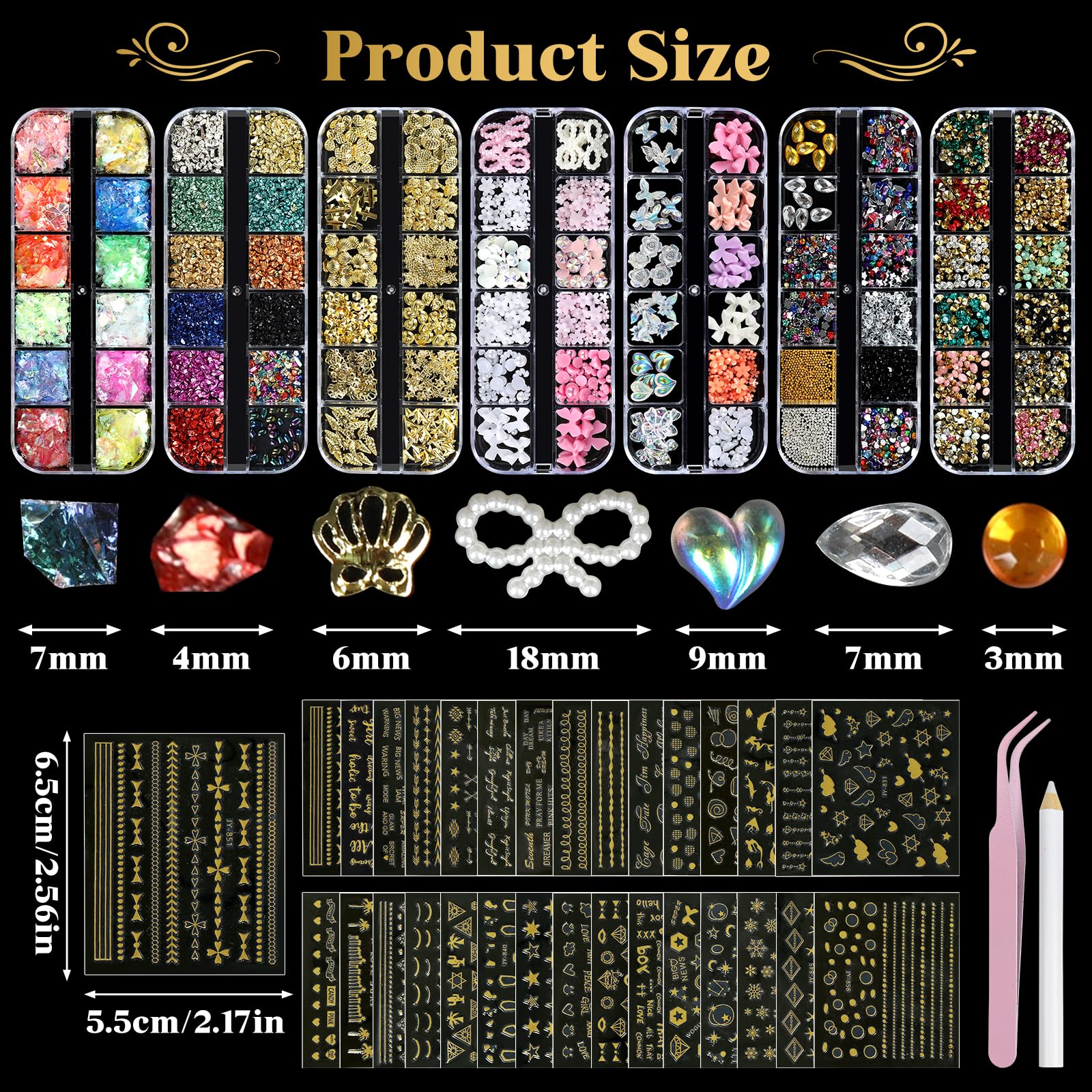 7 Boxes Nail Charms, 3D Butterfly Bowknot Flower Nail Gems with 30 Sheets Gold Nail Stickers - Image 2