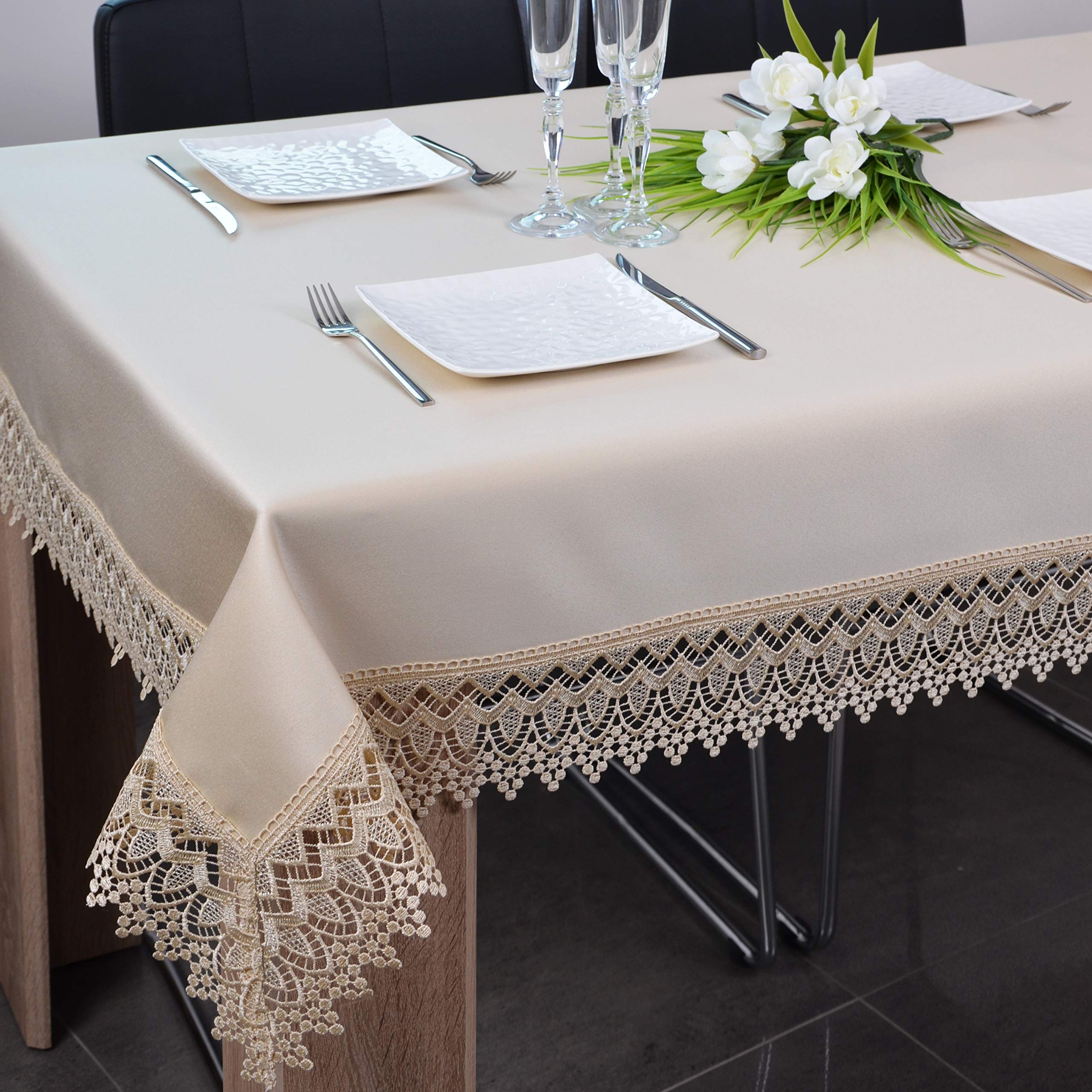 Tischdecke Satin 190 g/m² mit Guipure-Spitze 9 cm | schmutzabweisend, Satingewebe 190 g/m², 100 % Polyester, hergestellt in der EU