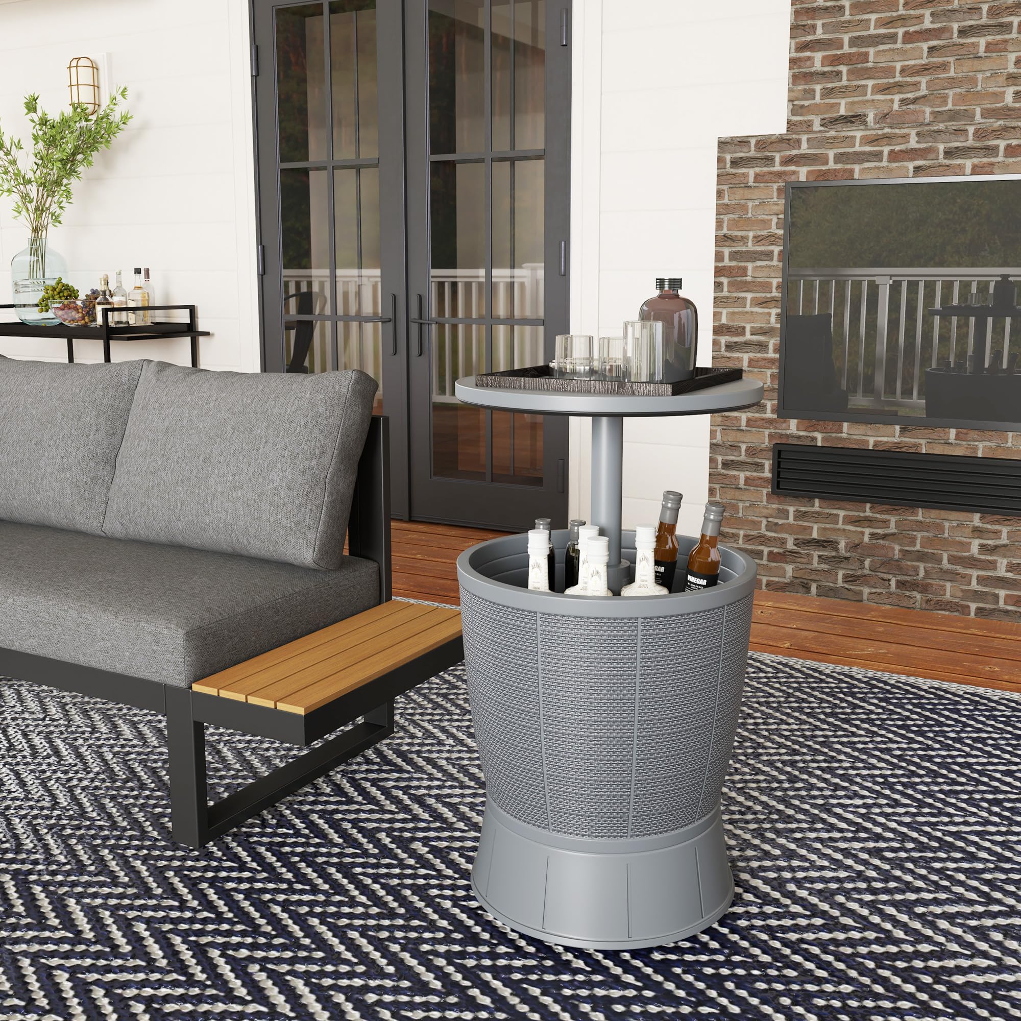 Outsunny Table à glacière 3 en 1, Table de Cocktail avec Seau à Glace, Plateau télescopique, Ø 49 x 58-84 cm, Gris