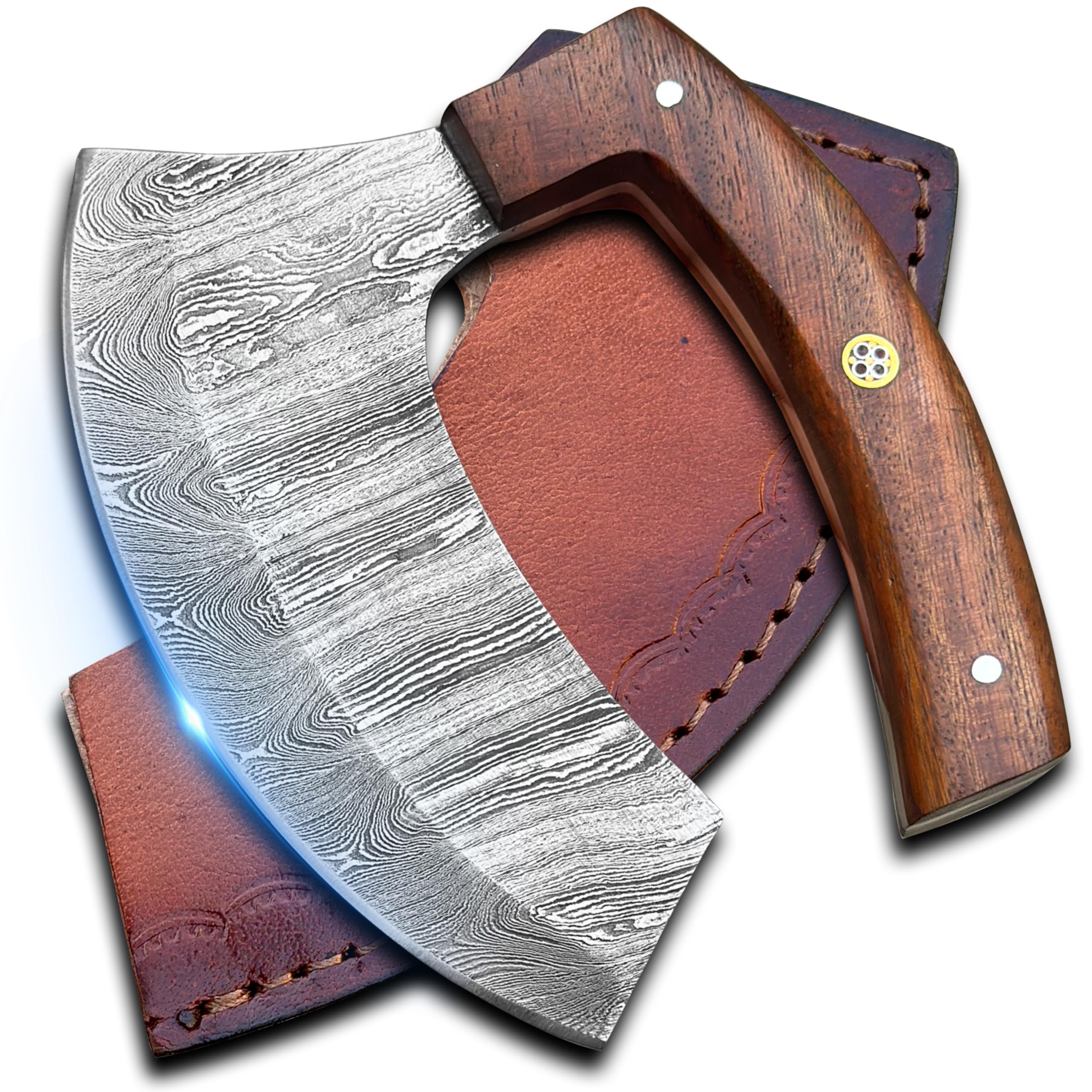 SNA CRAFTS Alaskan ulu knife with sheath - Handmade Damascus Steel ulu knives - Perfect Pizza cutter rocker knife for chopping, mincing and slicing. (Brown)