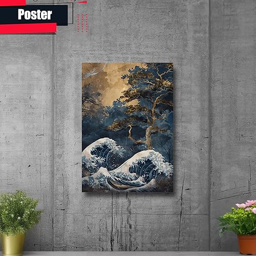 Miniatura 2 de Poster Print Poster Framed Poster Wall Art Wood Panel Retro Wave Art A Storm Wall Art Print Sea Wave In The Night And Trees Stormy Waves Art Wall