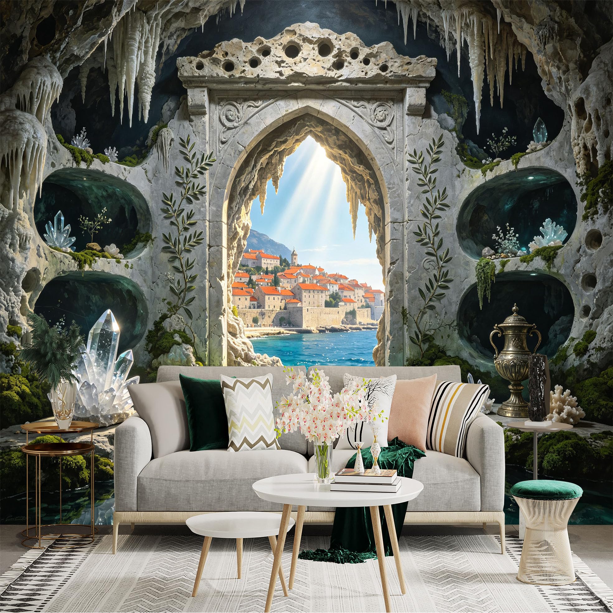 Custom Size Wall Sticker Mural， Fantasy Cave Archway， Crystal Grotto， Coastal Village Seascape， for wall Decoration， peelandstick wall Decals.