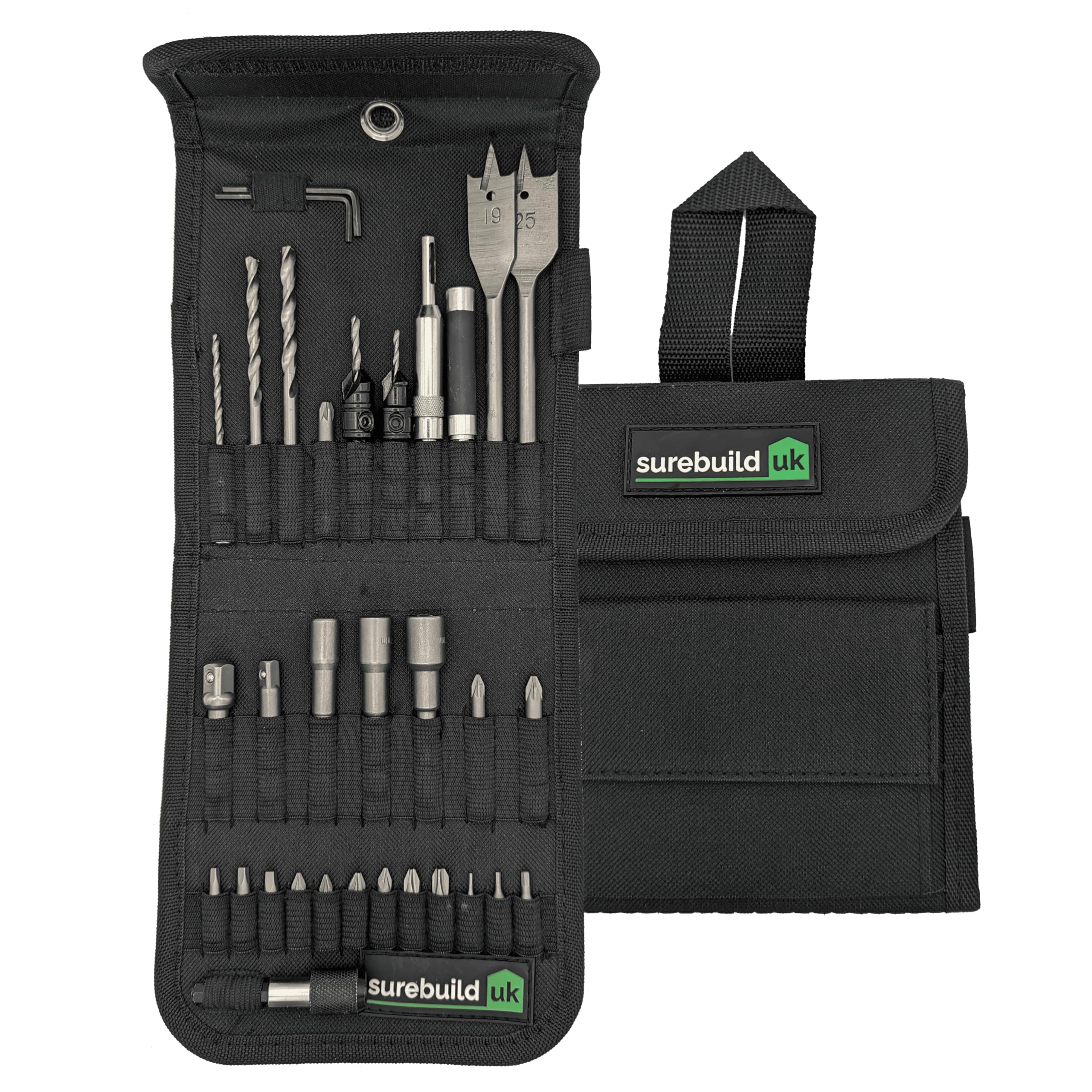 Surebuild Uk 30-Piece Quick Change Assorted Drill Bit Set With Chuck, Drivers, Countersinks, Drill Bits, Flat Wood Bits, Screw Bits