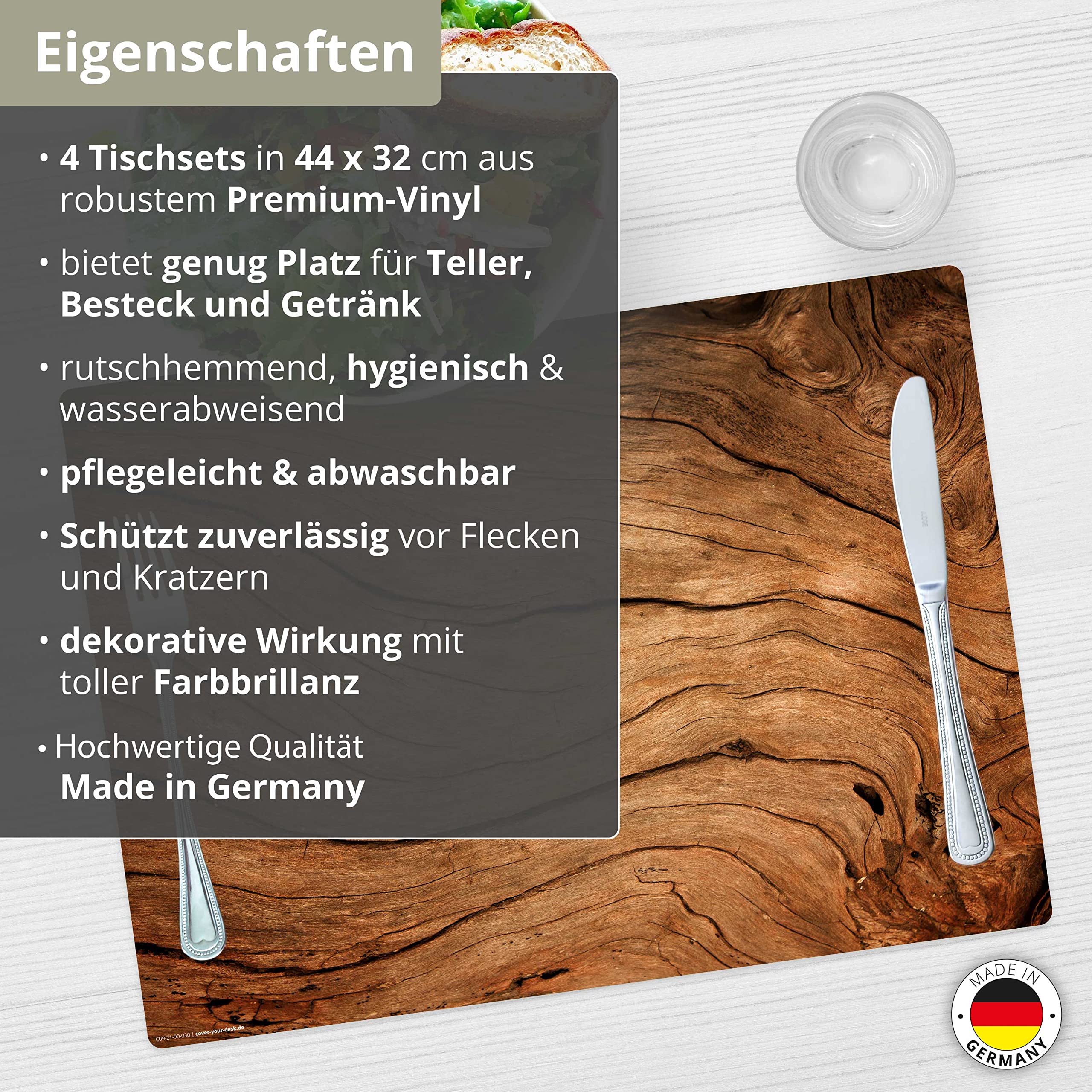 Lot de 4 sets de table lavables en bois rustique pour le romantisme maison de campagne - En vinyle de qualité supérieure (plastique - sans bisphénol A) - Antidérapants - Fabriqué en Allemagne