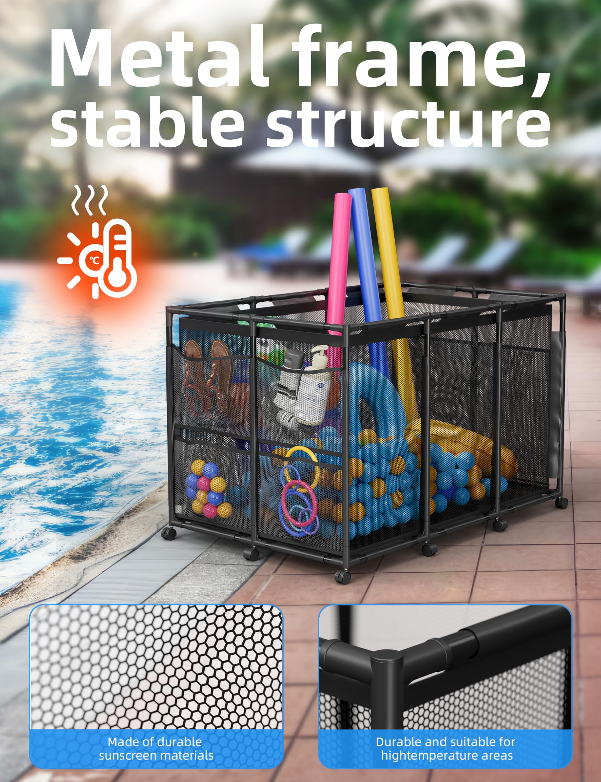 POOLHOUR Pool Float Storage – Outdoor Pool Toy Storage Organizer for Pool Noodles, Toys, Floats, Balls,Equipment, Mesh Rolling Storage Organizer Bin, Black