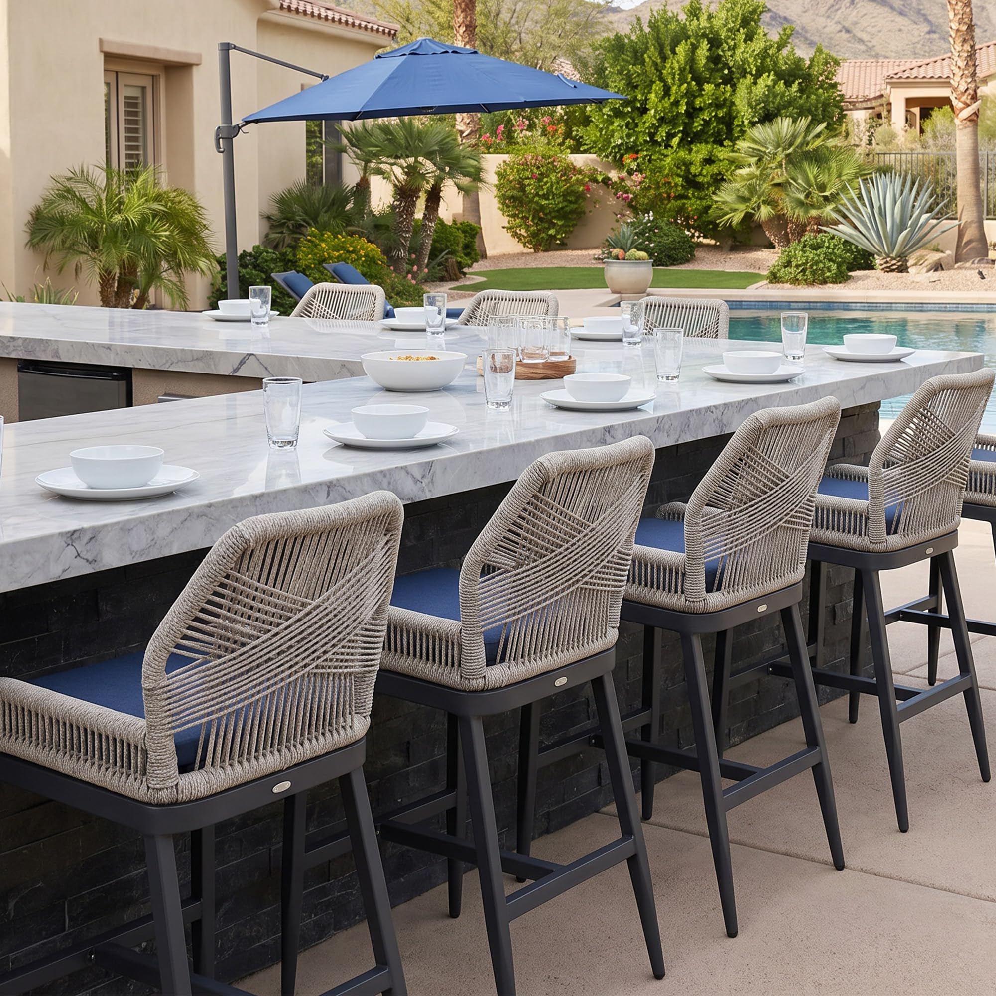 PURPLE LEAF Tall Bar Stools Set of 2 Navy Blue Sunbrella Cushion, Dark Grey