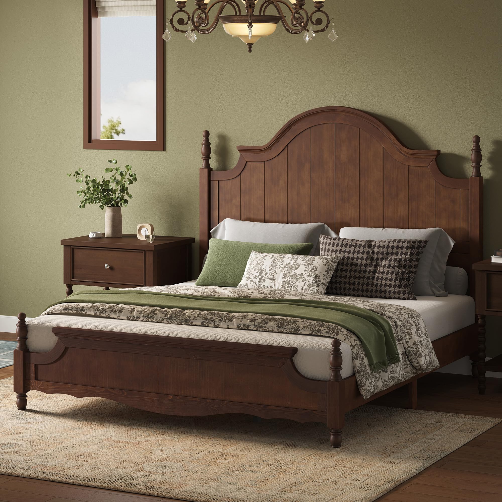 AMERLIFE Solid Wood Queen Bed Frame Dark Walnut