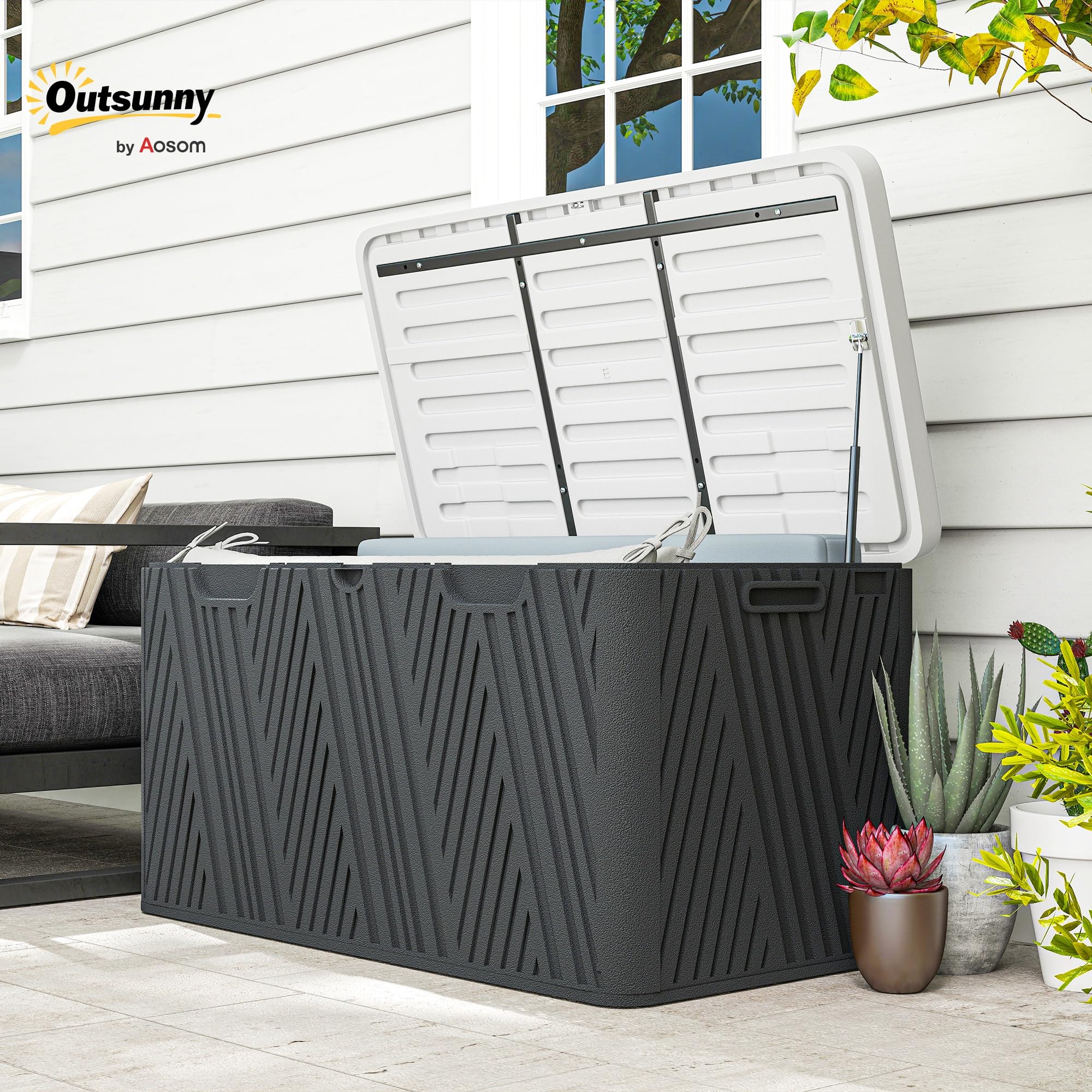 Outsunny Baule da Esterno da 380L Impermeabile in HDPE, Cassapanca Contenitore da Esterno con Coperchio a Leva e 2 Maniglie Laterali, Protezione UV, 115x60x60 cm, Nero e Grigio