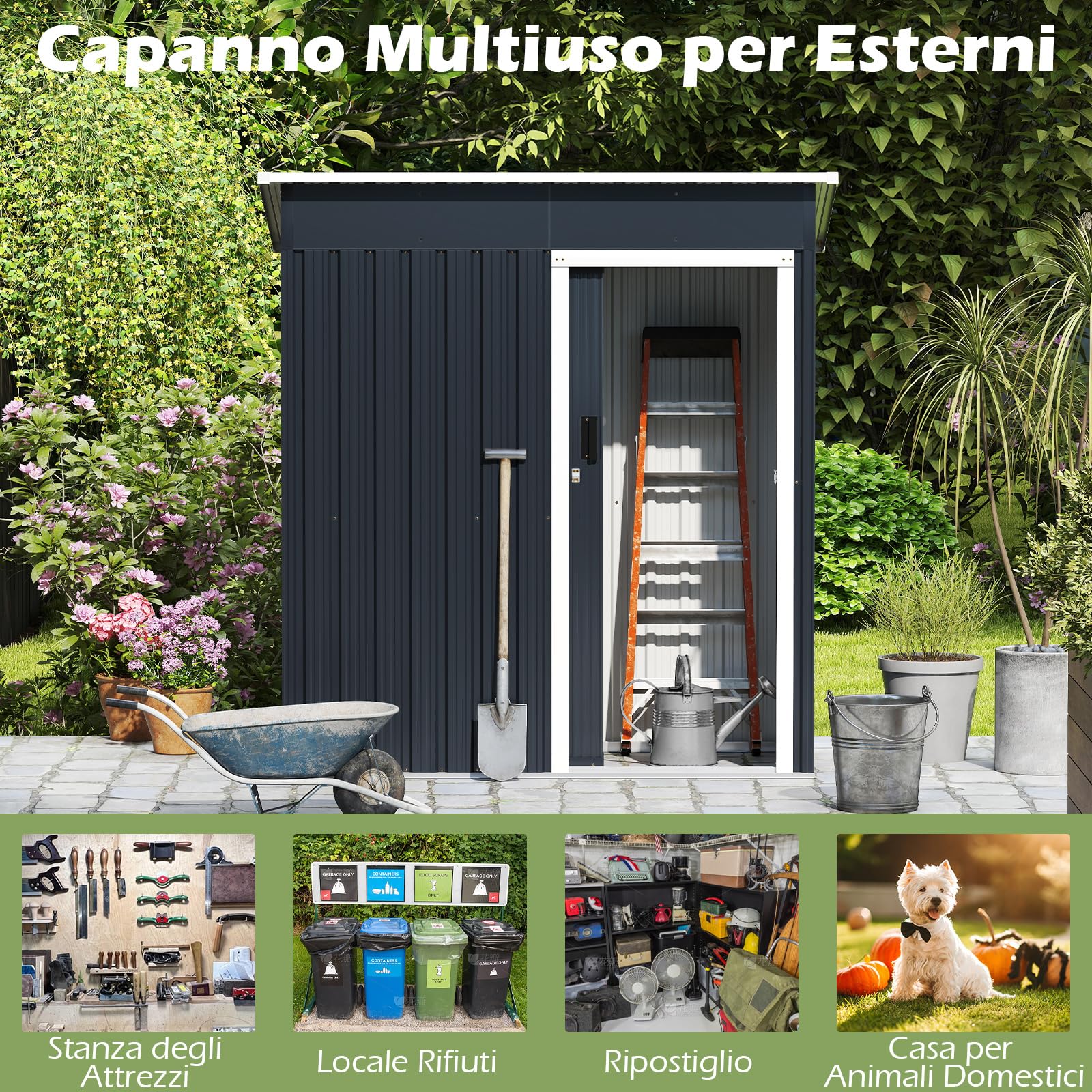 COSTWAY Capanno per Attrezzi da Giardino in Metallo, Casetta Porta Attrezzi in Acciaio con Porta Scorrevole Sistema di Blocco, Casetta per Stoccaggio per Prato e Cortile, 163 x 86 x 181 cm, Grigio