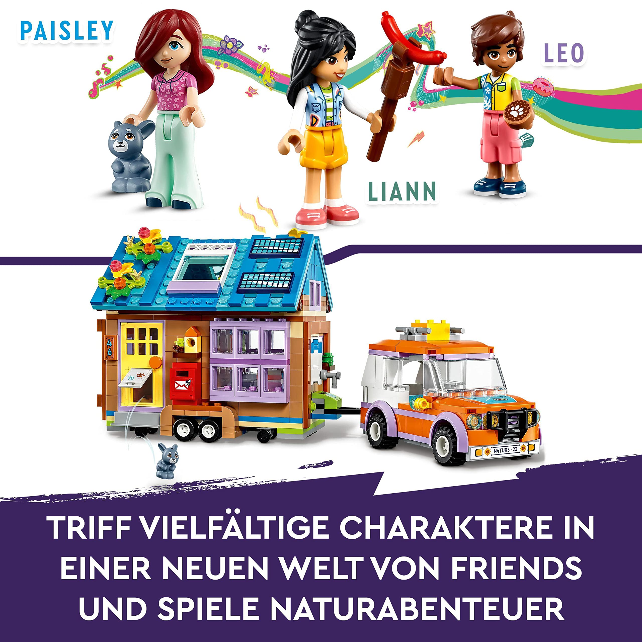 LEGO 41735 Friends Mobiles Haus, Camping-Spielzeug mit Auto, Tieren und Mini-Puppen Leo, Paisley & Liann im Wald, Geschenk zum Geburtstag aus der Serie 2023