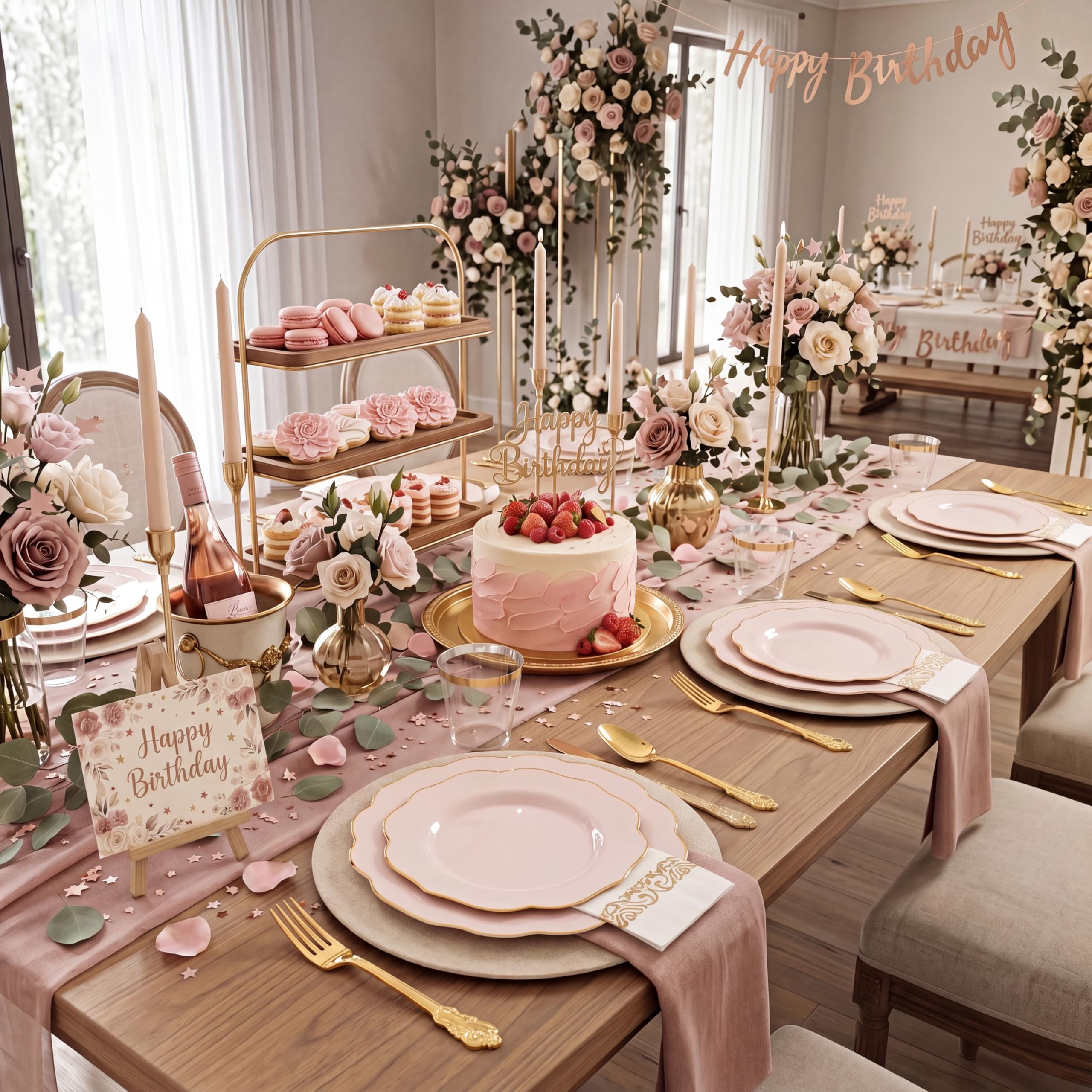 Pink Plates & Gold Cutlery Set - Party Supplies -5 Pink Plates & Gold Cutlery Set - Party Supplies -5