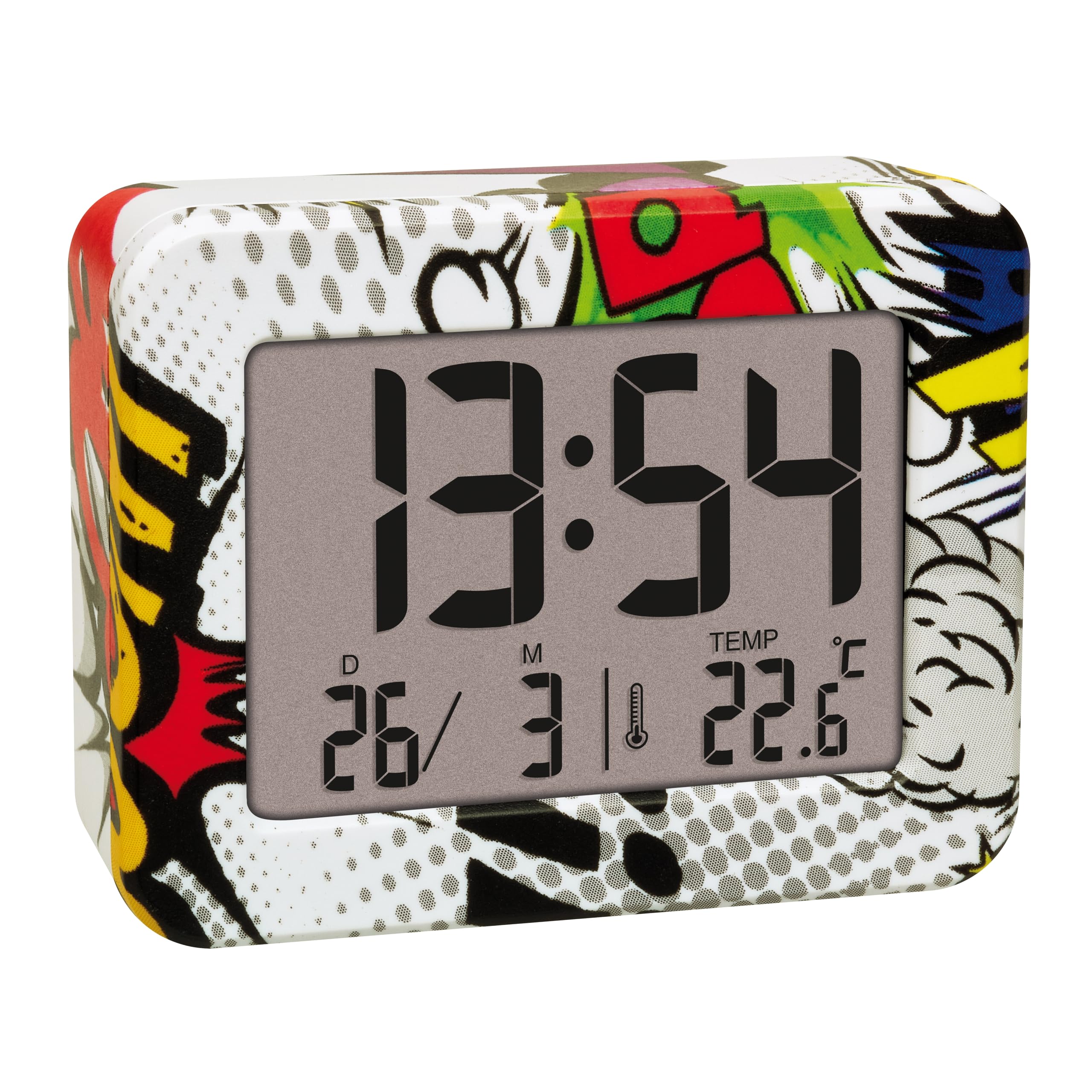 TFA Dostmann 60.2044.40 - Mini Despertador Digital de mesilla Comic, Reloj de Mesa, Funciona con Pilas, Fecha y termómetro Interior, Despertador de Viaje, pequeño