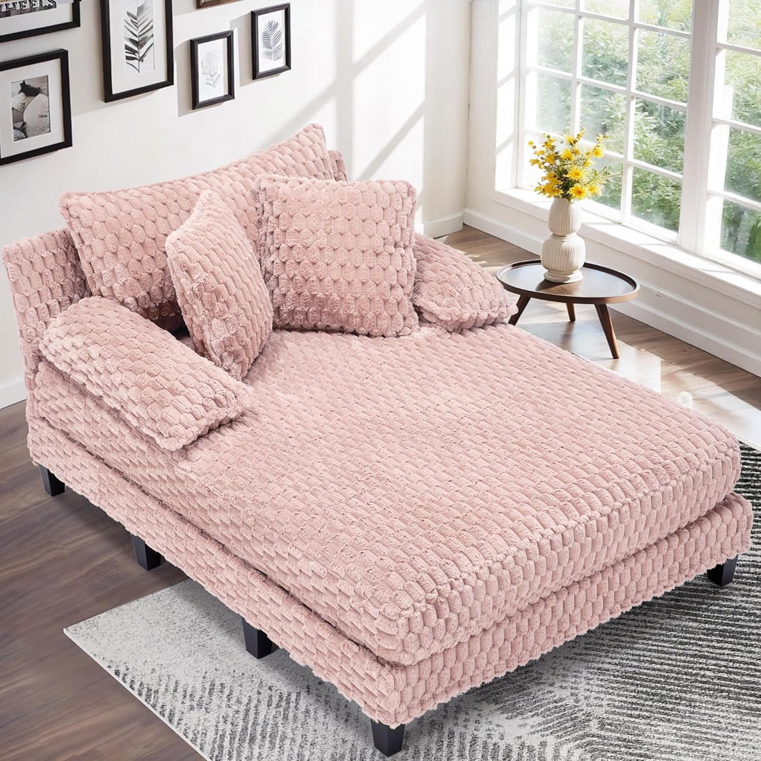 Faux Fur Chaise Lounge Indoor with Adjustable Backrest, 59 Inches Single Sleeper Sofa Chair with 3 Lumbar Pillows, Upholstered Oversized Lounge Chair for Living Room, Bedroom, Office