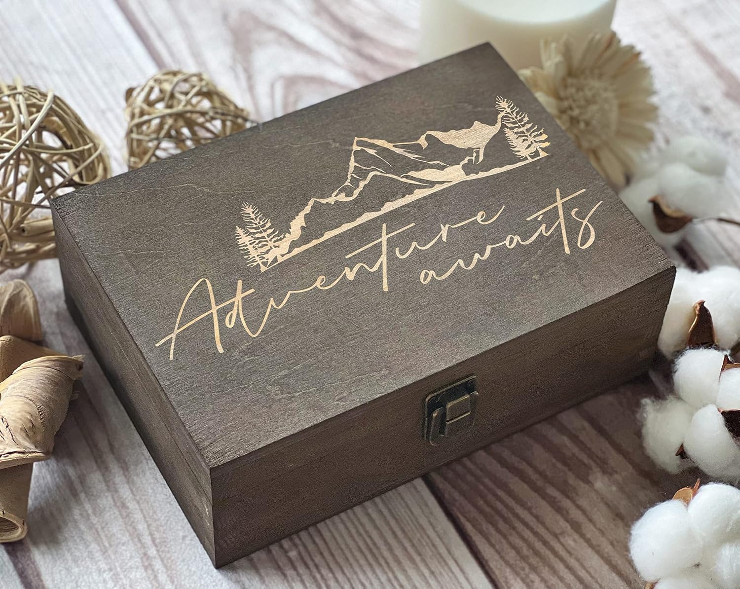 Adventure Awaits Dark Walnut Wooden Keepsake Box - 8.5x6x3in, Elegant Memory Box, Ideal Gift for Travelers and Couples, Spacious & Durable, Unique Christmas gift image 2