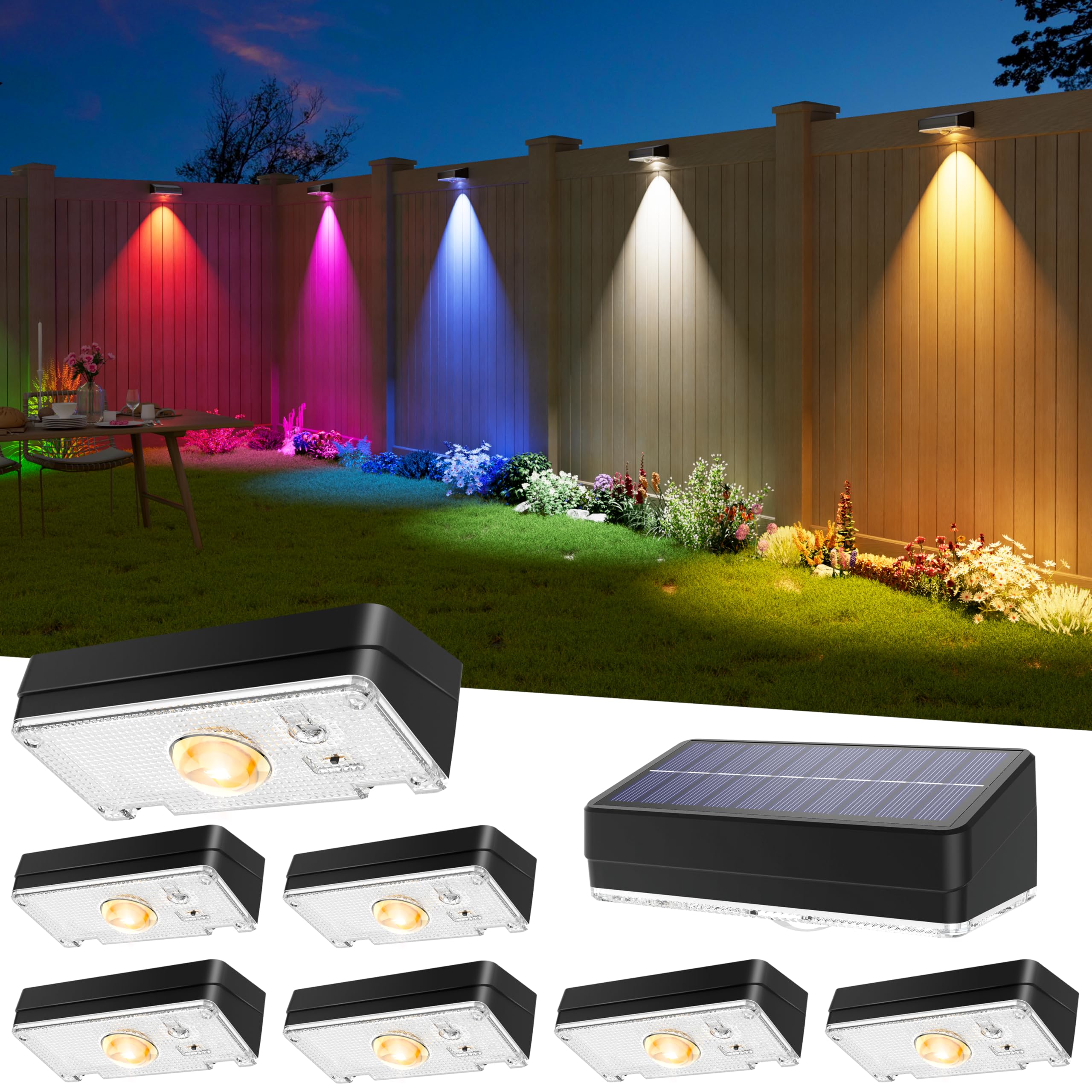 JOFIOS Solar Fence Lights Outdoor, 8 Pack, 50LM Ultra Bright, 3 Color Temperatures & RGB, IP65 Waterproof, Dusk-to-Dawn Solar Powered Fence Lights for Patio, Railing (Black)