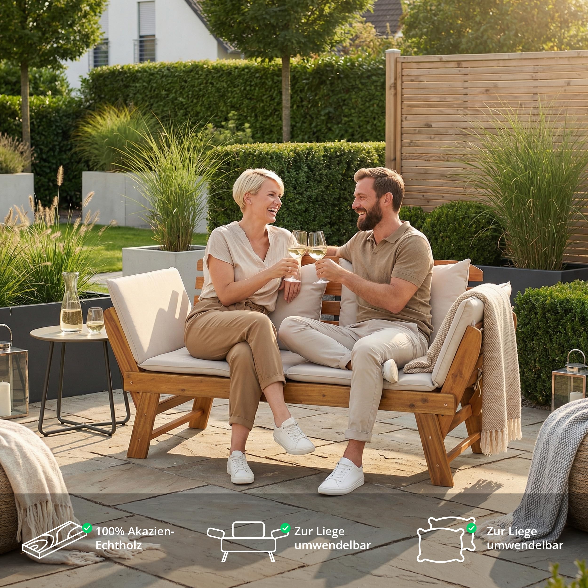 KHG Gartenbank Akazie geölt, Daybed, Sonnenliege, Lounge-Set Gestell Braun klappbar, abnehmbare Auflagen aus Polyester Hellgrau, wetterfest, 260 kg belastbar