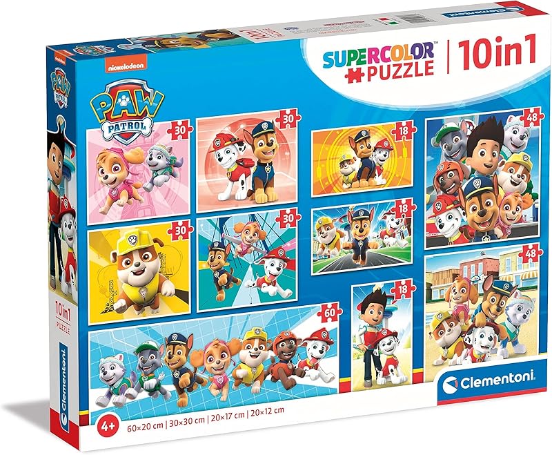 Clementoni - 20270 - Supercolor - Pat' Patrouille - 3 x 18, 4 x 30, 2 x 48 et 1 x 60 Pièces - Puzzle 10 en 1 du Dessin Animé - Jeu de Création et Logique pour Enfants à partir de 4 Ans et Plus