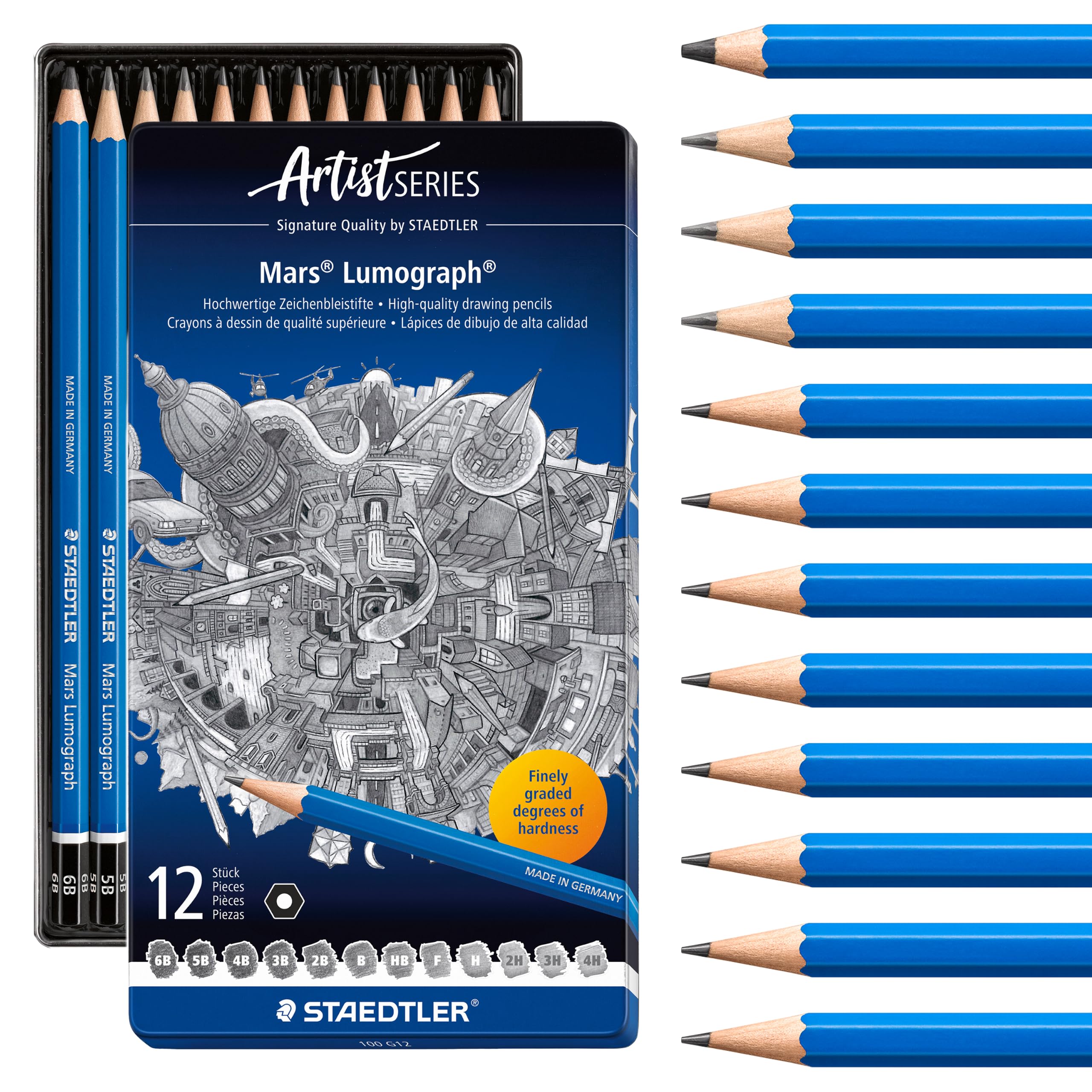 STAEDTLER Mars Lumograph Art Drawing Pencils 12-Piece Gift Set in Metal Tin | Sustainable, Break-Resistant Graphite, Metal Case