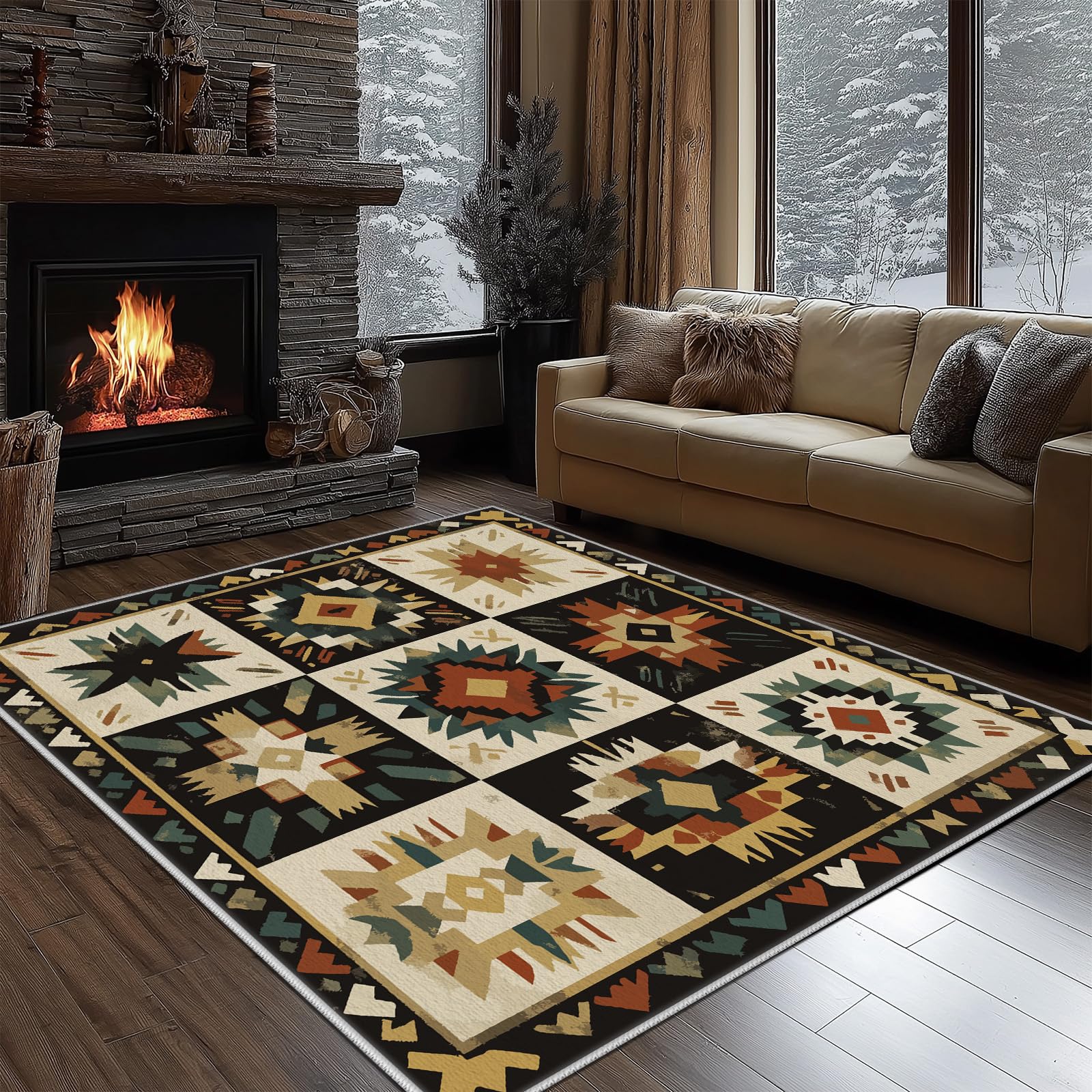 Navajo Aztèque Tapis de Salon Lavable en Machine Antiderapant Amérindien Western Tapis Chambre Adulte Descente de Lit 120x160cm Carpet Interieur Doux et Moelleux Salle à Manger