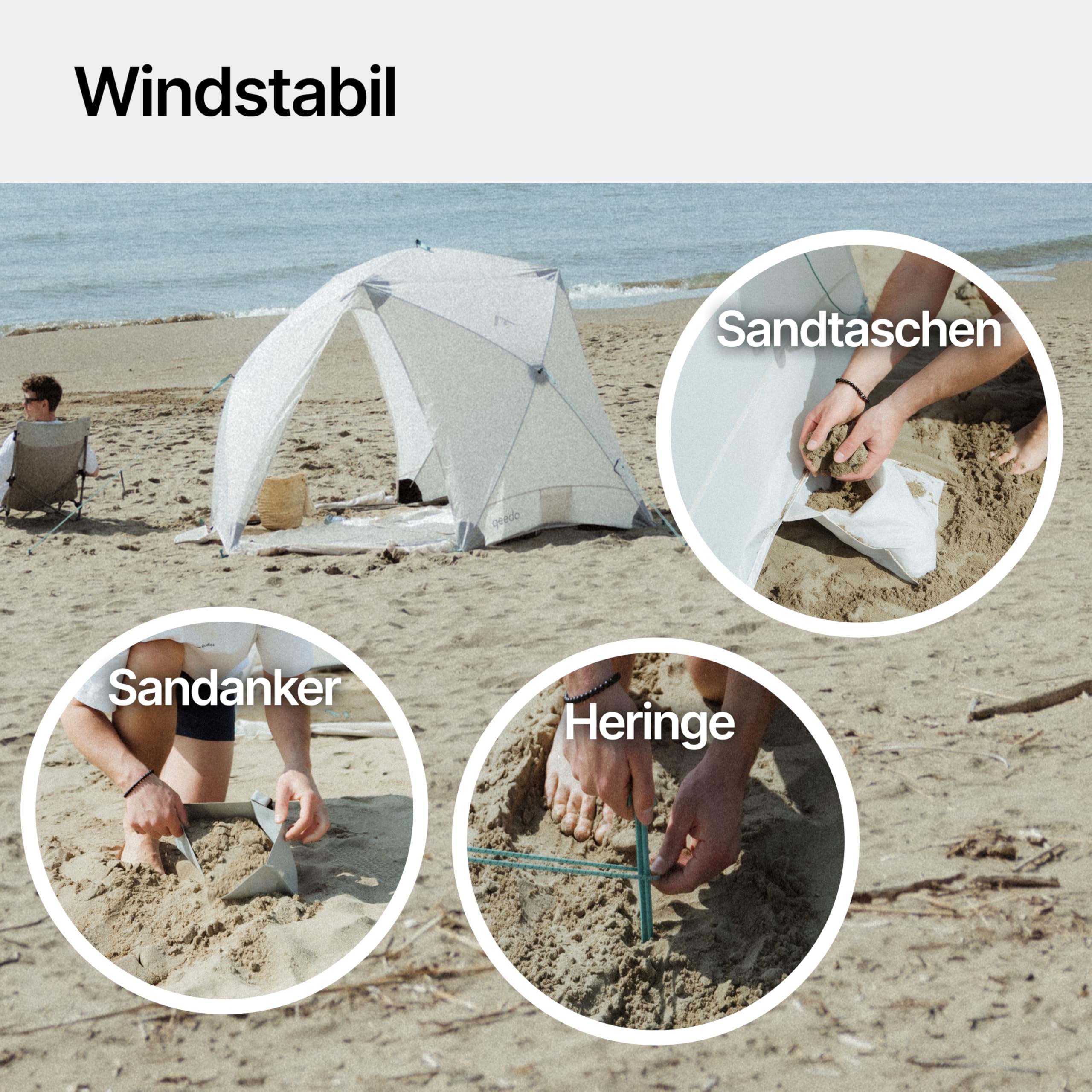 qeedo Quick Island Strandmuschel - große Quick-Up Strandmuschel mit 3 Eingängen, Sichtschutz & Windschutz, inkl. Boden, Sandanker, Heringe und Tragetasche