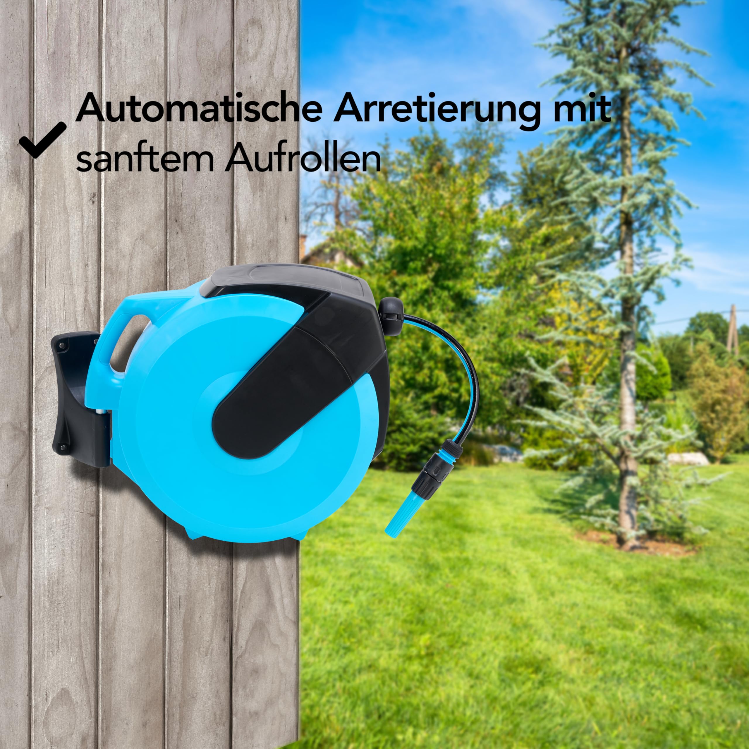 Brixy Schlauchbox – 25 Meter – Schlauchhalter – Gartenschlauch mit Aufroller – 180° drehbar – automatisch – Schlauchaufroller
