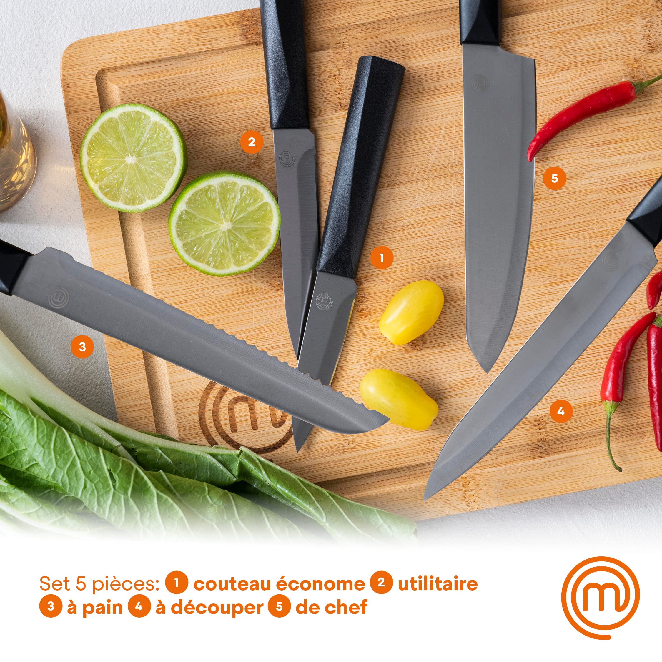 Set De 3 Couteaux MasterChef : Couteau De Chef, Universel Et D'office - Lames Acier Inox Antiadhésives, Manches Ergonomiques Set De 3 Couteaux MasterChef : Couteau De Chef, Universel Et D'office - Lames Acier Inox Antiadhésives, Manches Ergonomiques