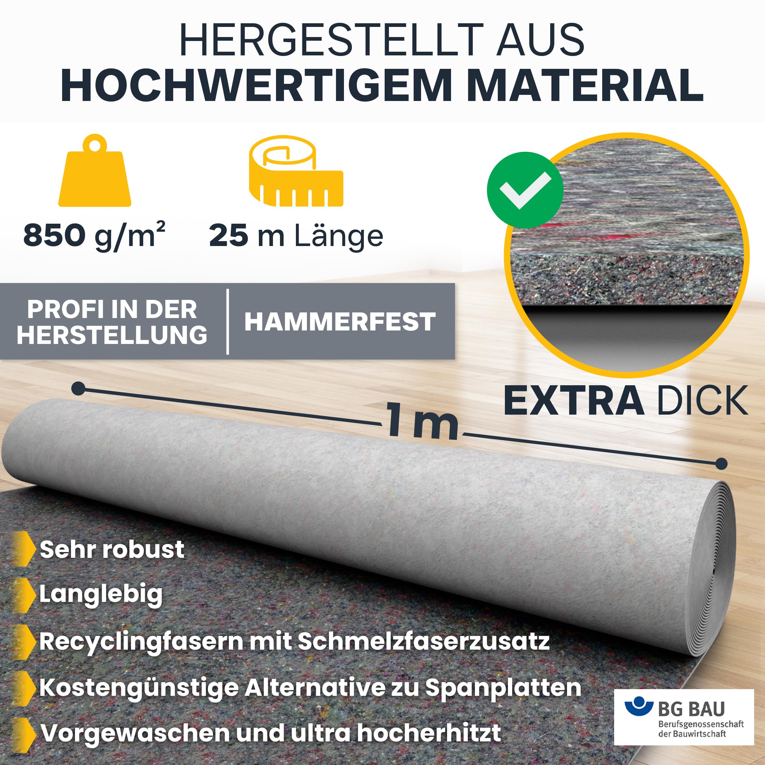 Hammerfest Abdeckvlies 1x25m – 850 g/m² Malervlies & Schutzvlies I Rutschfeste Abdeckplane für Parkett, Treppe, Fenster & empfindliche Böden I Befahrbar mit Gabelstapler & Hubwagen