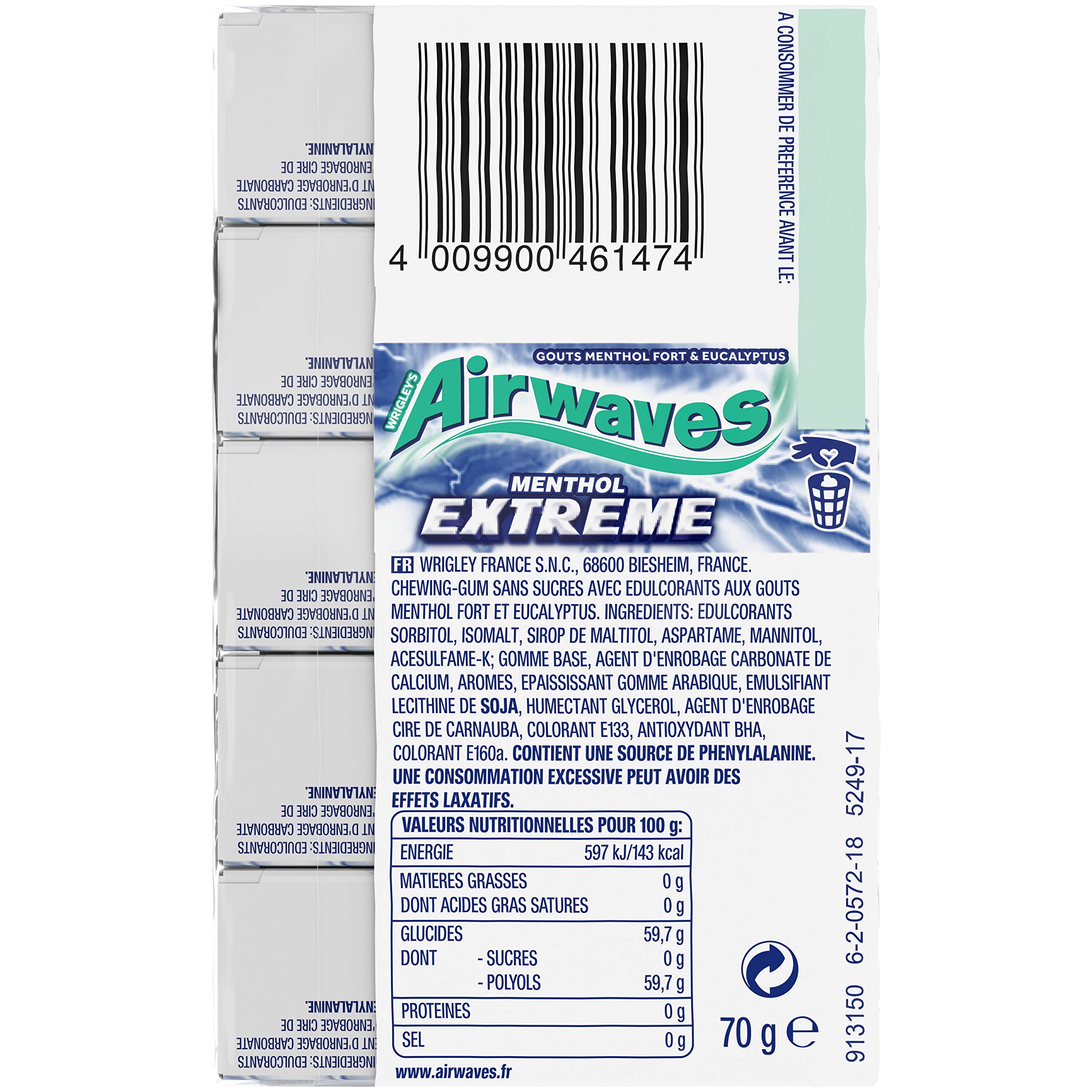 AIRWAVES Chewing Gum Sans Sucre Goût Menthol Extrême 5 Paquets 70g