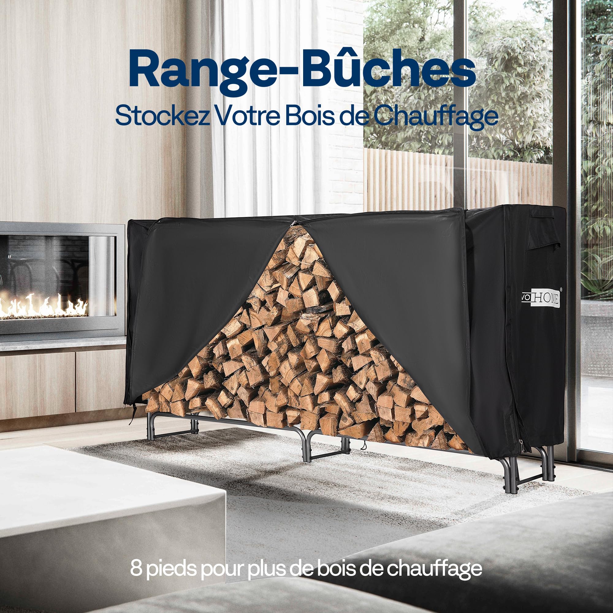 VIVOHOME Étagère pour Bois de Cheminée avec Housse Anthracite 244×122×35cm, Support Bûches Chauffage Robuste Réglable Imperméable Intérieur Extérieur - 2