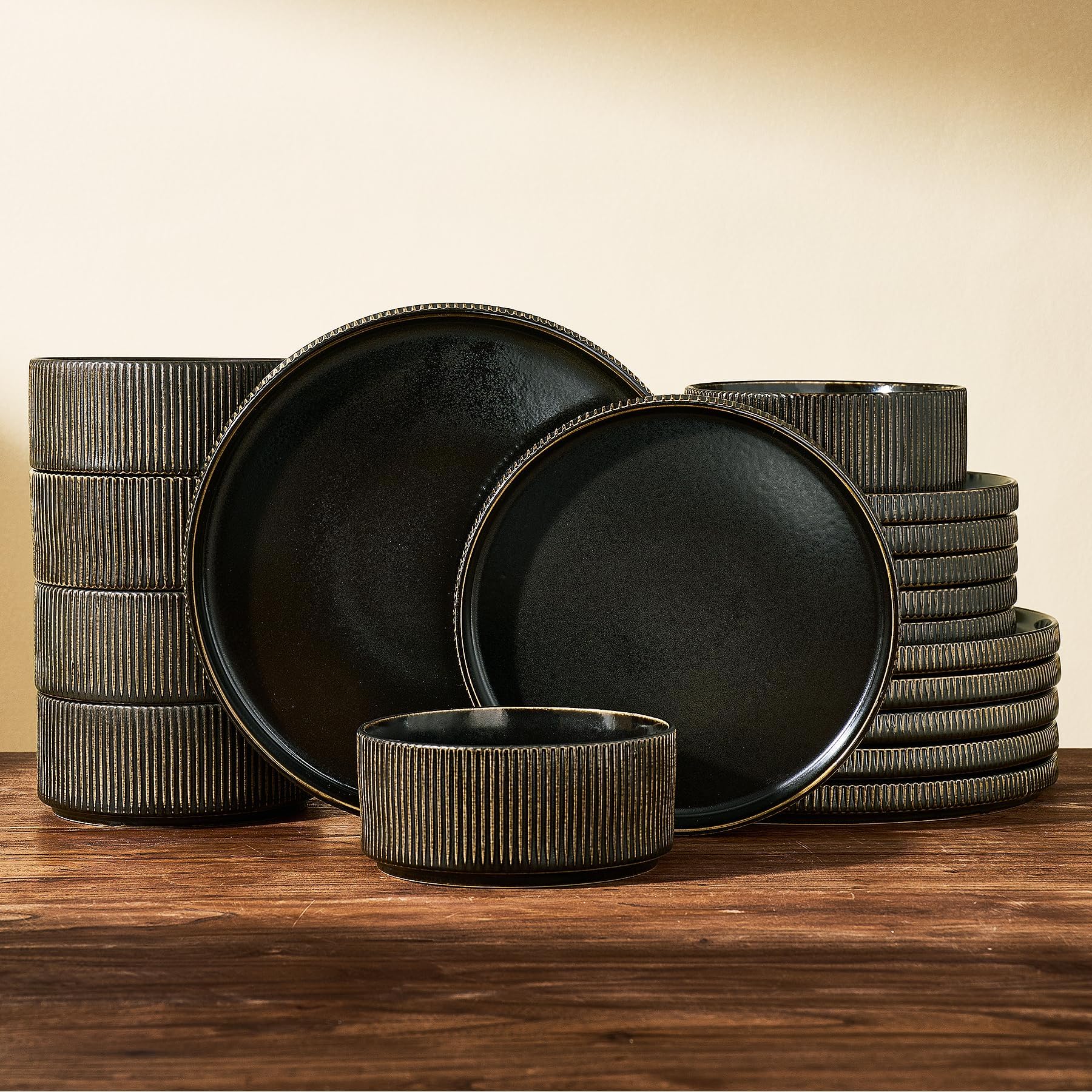 Richmount Star Plates and Bowls Set, 18 Pieces Dinner Sets for 6 People, Stoneware Dinnerware Sets with Dinner Plates/Salad Plate/Cereal Bowls, Dishwasher & Microwave Safe, Carbonized Gold