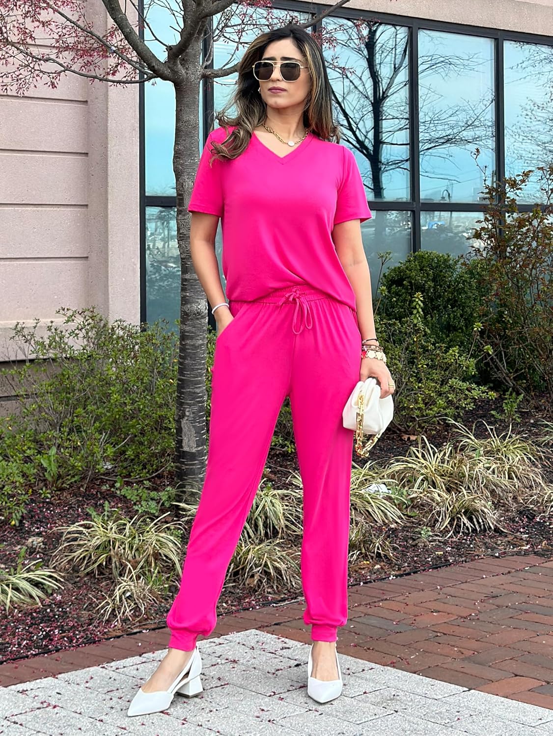 MASCOMODA Womens 2 Piece Outfits Summer Casual V Neck Short Sleeve Tops Long Pants Tracksuit Lounge Jogger Set with Pockets - Image 5