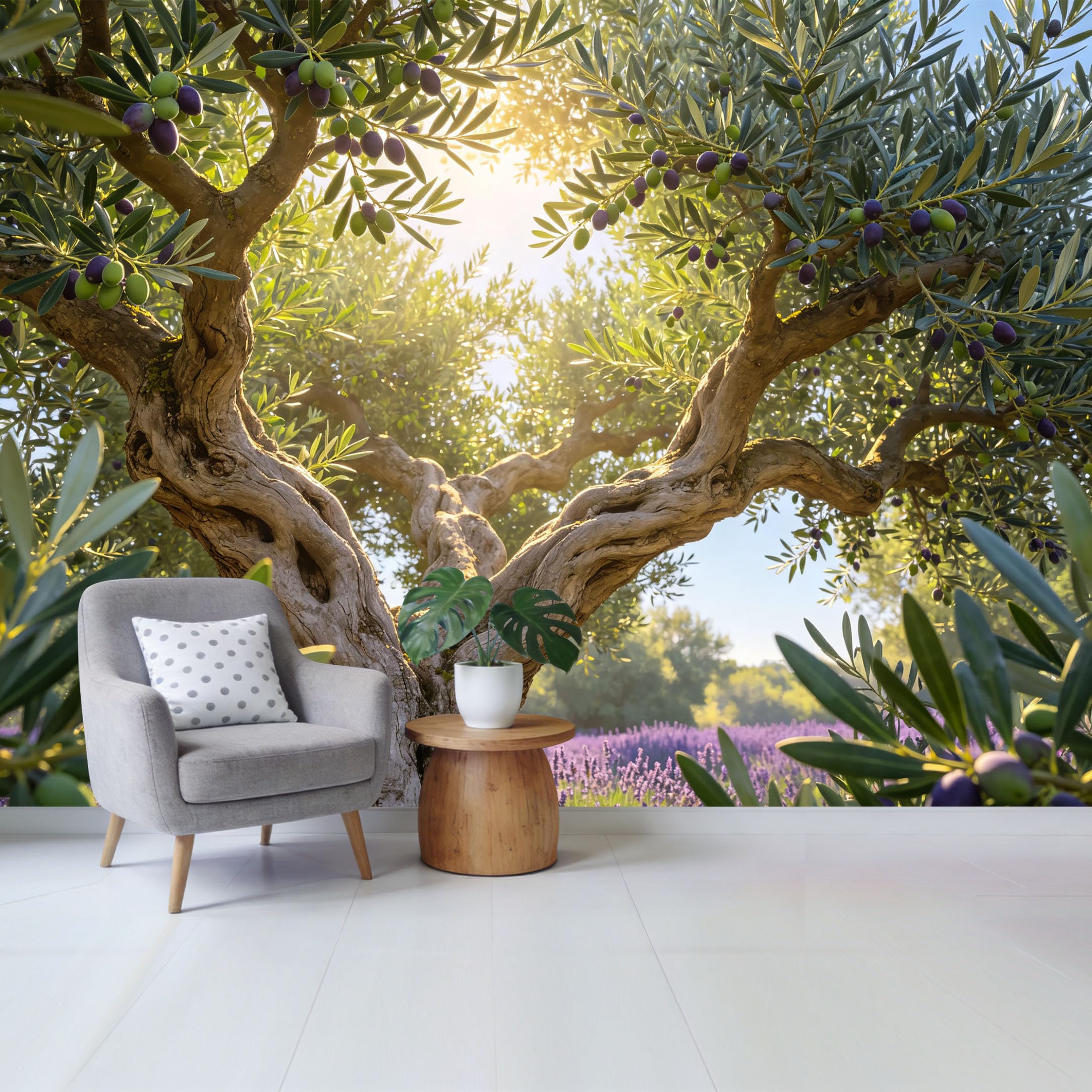Removable Self Adhesive Fabric Mural， Mediterranean Olive Tree Lavender Field Custom Size Wall Covering， UV Protected Waterproof Washable Wall Decor for Living Room Bedroom Bathroom