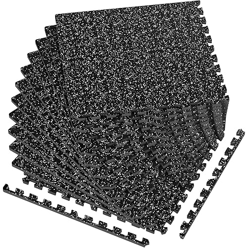 1/2in Thick 48 Sq Ft Rubber Top High Density EVA Foam Exercise Gym Mats Non-Slip 12 Pcs - Interlocking Puzzle Floor Tiles for Home Gym Heavy Workout Equipment Flooring - 24 x 24in Tile, Black & White
