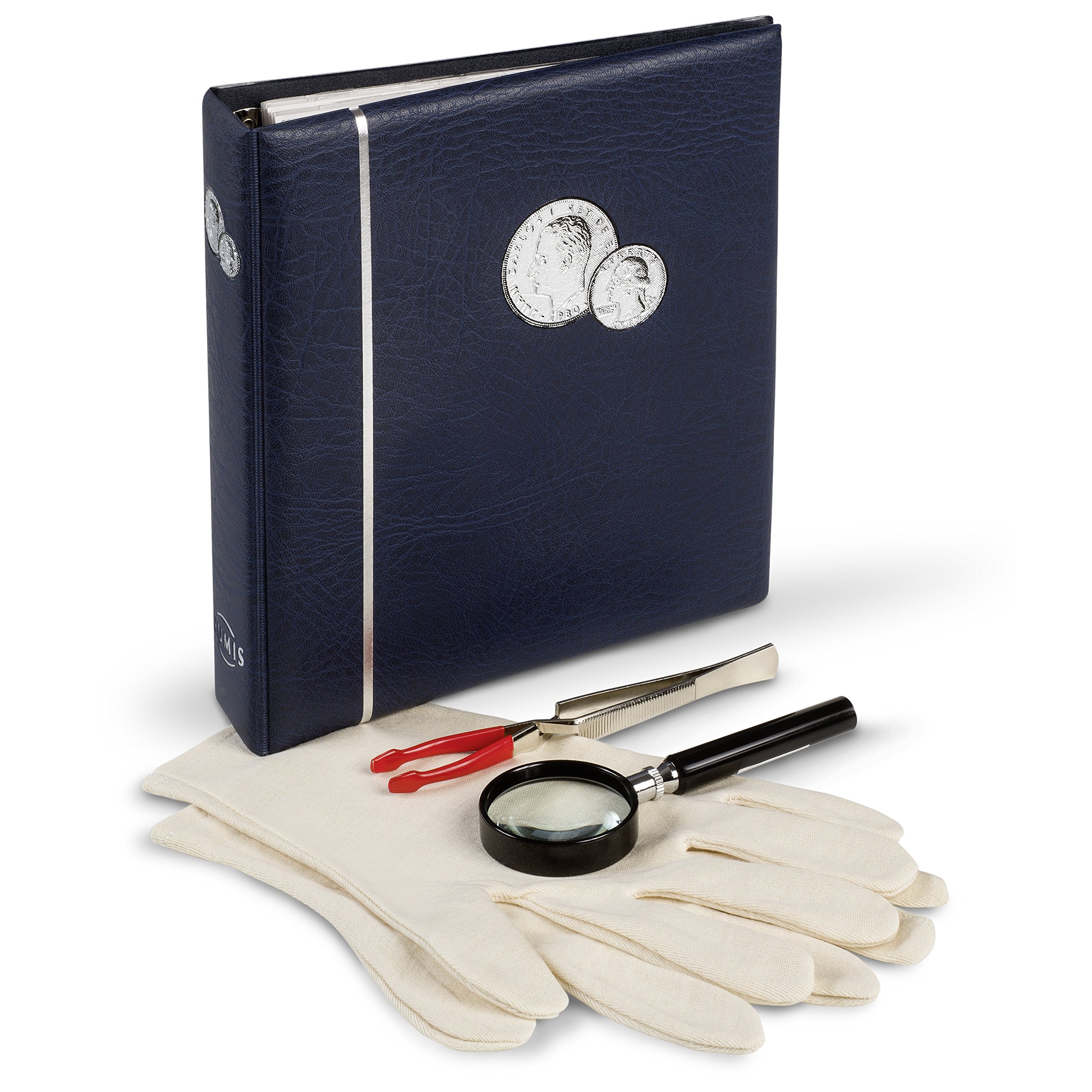 Leuchtturm 347925 Set Iniziale di 4 Pezzi - Album per Monete NUMIS incl. 5 custodie, Lente di ingrandimento per Monete, Guanti per Monete e pinzette per Monete