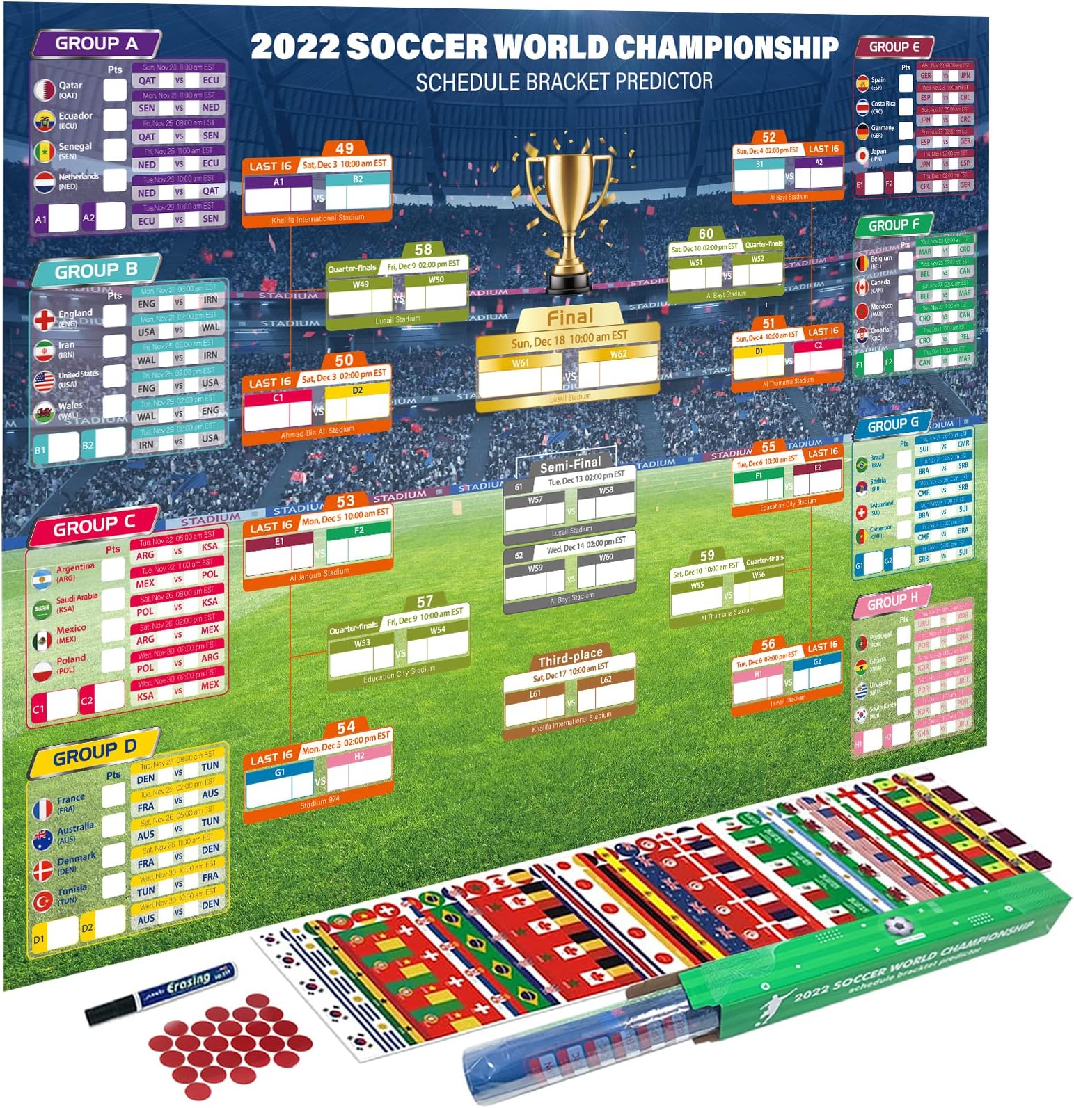 2 in 1 2022 World Cup Soccer Game Wall Chart Schedule Wall Calendar Backdrop, Dual Sides 2022 World Cup Football Game Wall Chart Schedule Posters with EVA Dual-Side Adhesive and Marker Pen